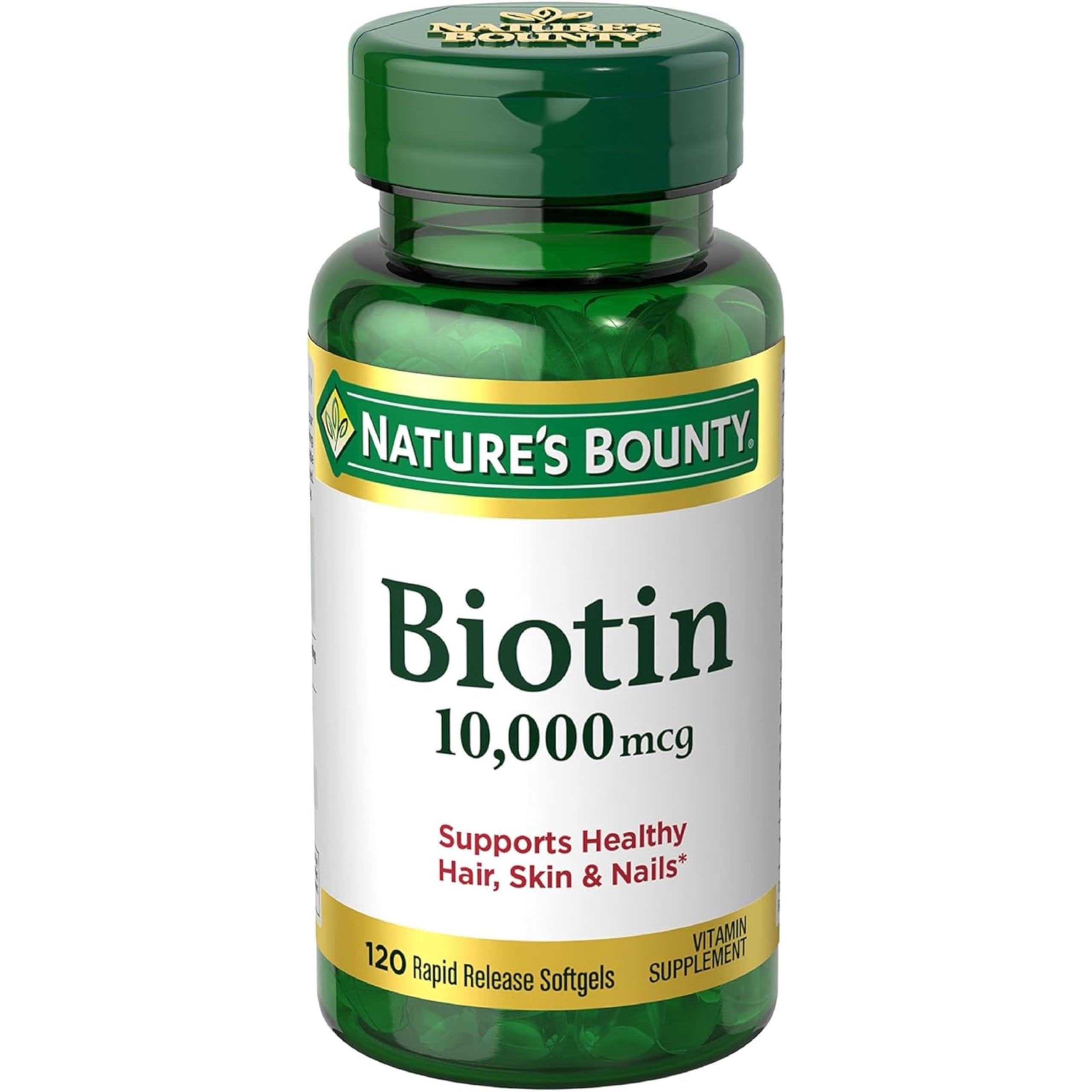 Nature's Bounty Biotin 10000 mcg, Supports Healthy Hair, Skin and Nails- Rapid Release Softgels- 120 Ct.,