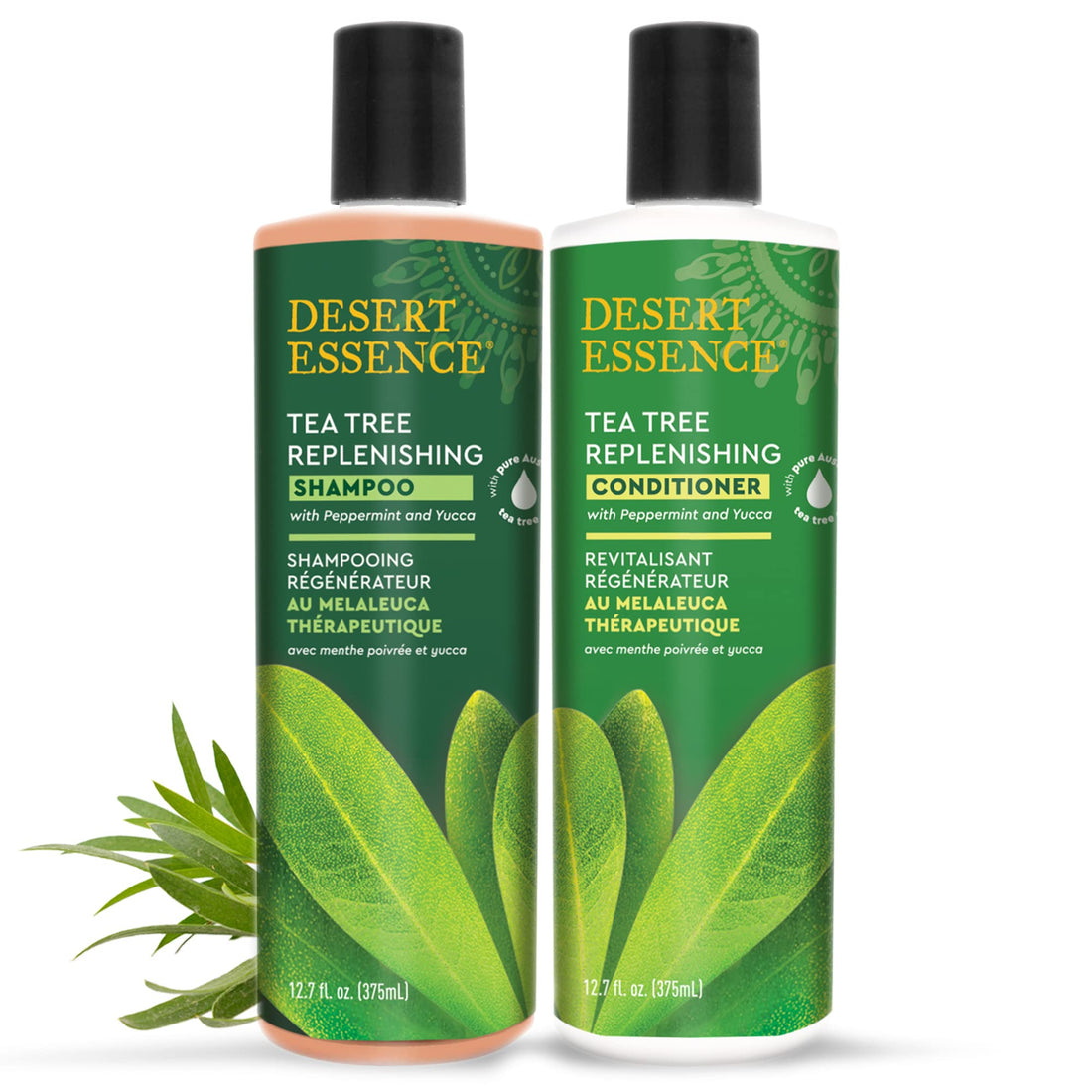 Desert Essence All Natural Organic Tea Tree Replenishing Shampoo and Conditioner For Dry Flaky Scalp With Aloe Vera, Eucalyptus, Peppermint Essential Oil, Keratin and Yucca, 12.9 fl. oz. each