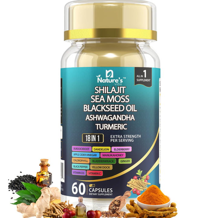 Nature's Vibe 18 in 1 Sea Moss 7000 mg,Shilajit 400 mg,Black Seed Oil 4000 mg,Ashwagandha 2000 mg, Turmeric,Bladderwrack,Burdock 2000 mg Each,Vitamin C & D3,Elderberry,Multimineral Blend -60 Caps