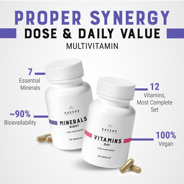 CHEERS - Vitamins Day with 12 Vitamins for Men & Women Minerals Night Magnesium Supplements | 30 Capsules Each - Covers 100% of Daily Requirement | Plus Iron, Zinc and More, Complete Multivitamins