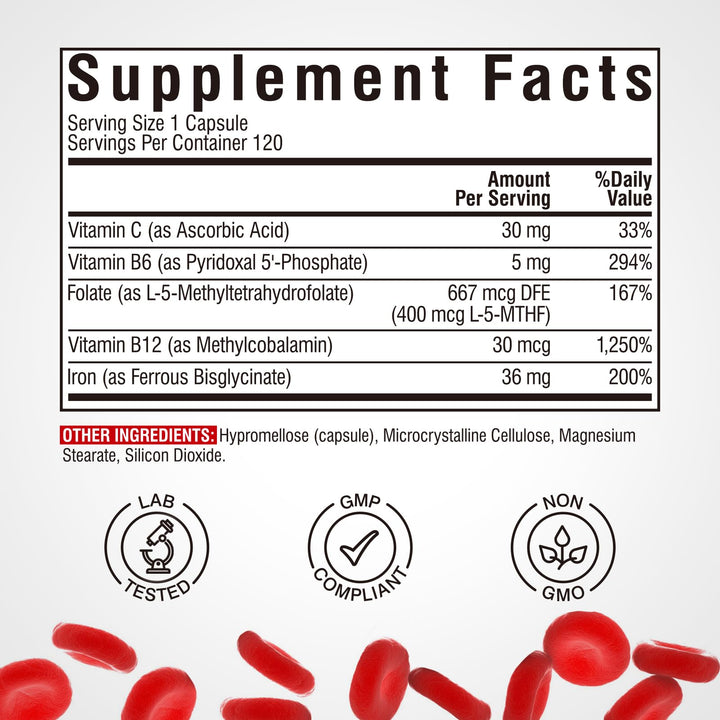 Iron Supplement for Women & Men, with Vitamins C, B6, B12 & Folate for Iron Deficiency, Blood Building & Energy Support, Stomach Friendly, Better Absorption, Non-GMO,No Gluten,120 Vegan Caps