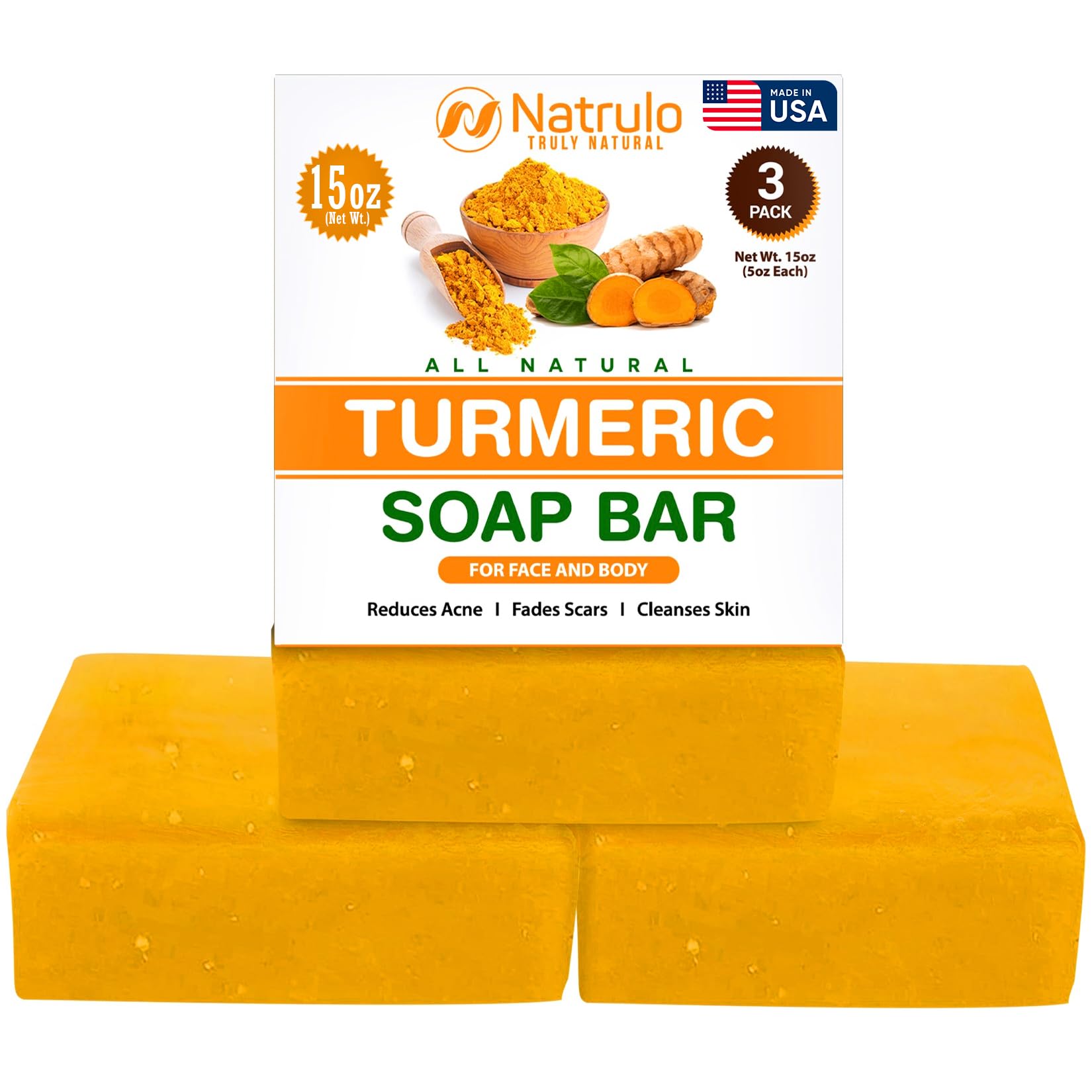 Natural Turmeric Soap Bar for Face & Body – Turmeric Skin Brightening Soap for Dark Spots, Intimate Areas, Underarms – Turmeric Face Wash Reduces Acne, Fades Scars & Cleanses Skin – 5oz Turmeric Bars