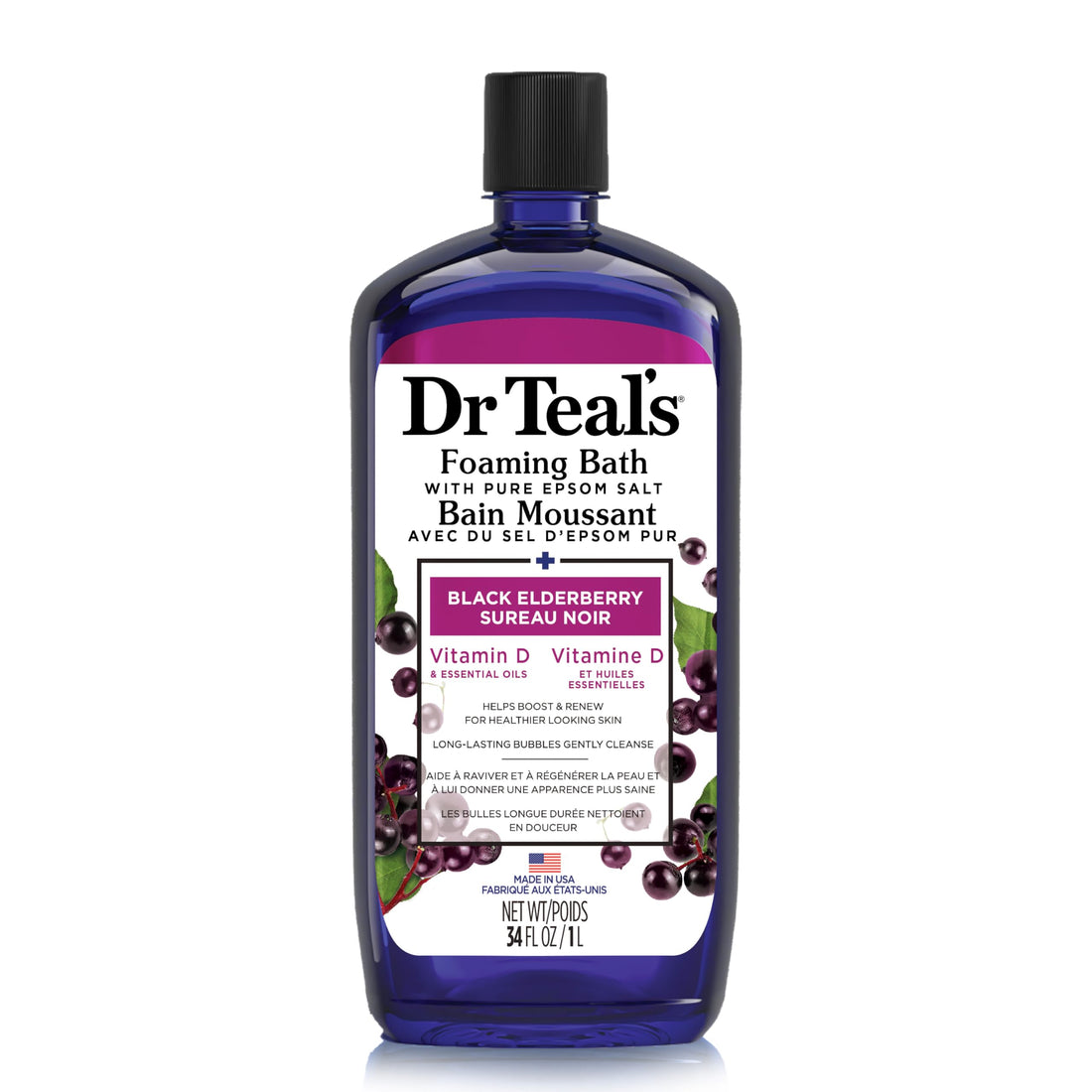 Dr Teal's Foaming Bath with Pure Epsom Salt, Black Elderberry with Vitamin D, 34 fl oz
