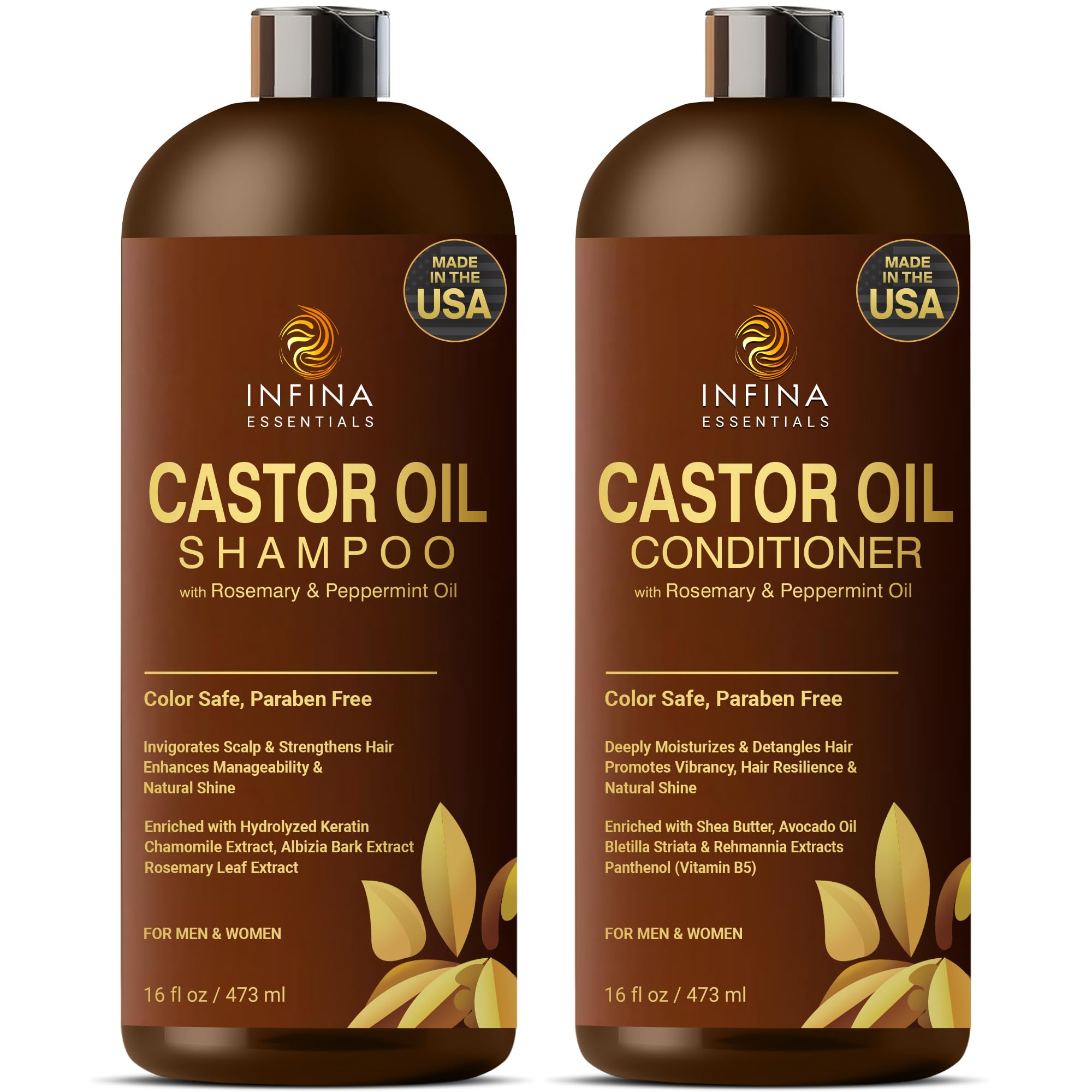 Castor Oil Shampoo and Conditioner Set for Hair Growth with Rosemary & Peppermint Oil - Cleanse Hair, Strengthen & Shine with Castor Shampoo and Conditioner - Anti-Hair Loss for Men & Women - 16 fl oz