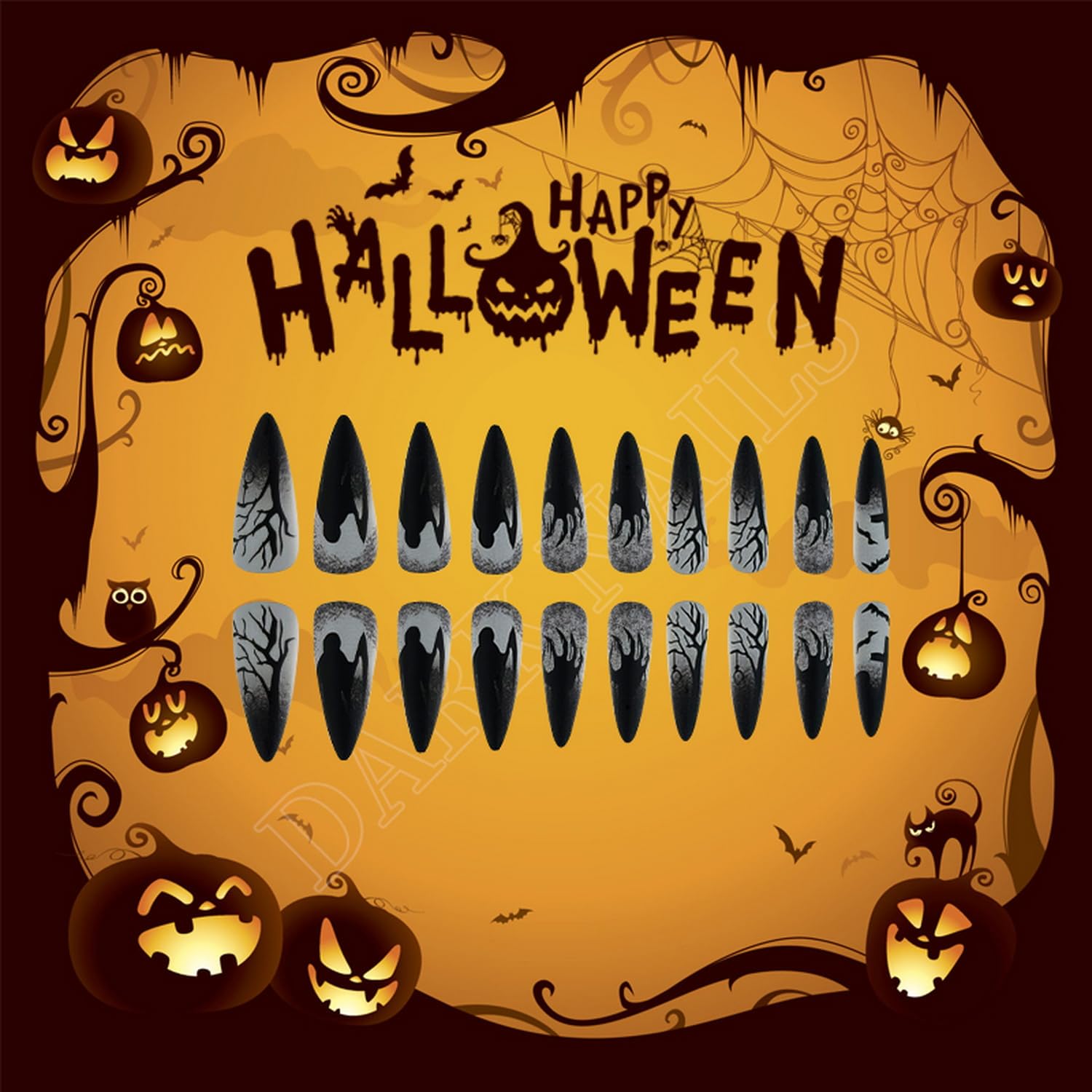 Halloween Press on Nails Almond Fake Nails with Bat Palm Tree Designs Black Grey Stick on Nails Full Cover Horror Nails for Women Girls Halloween Party Manicure