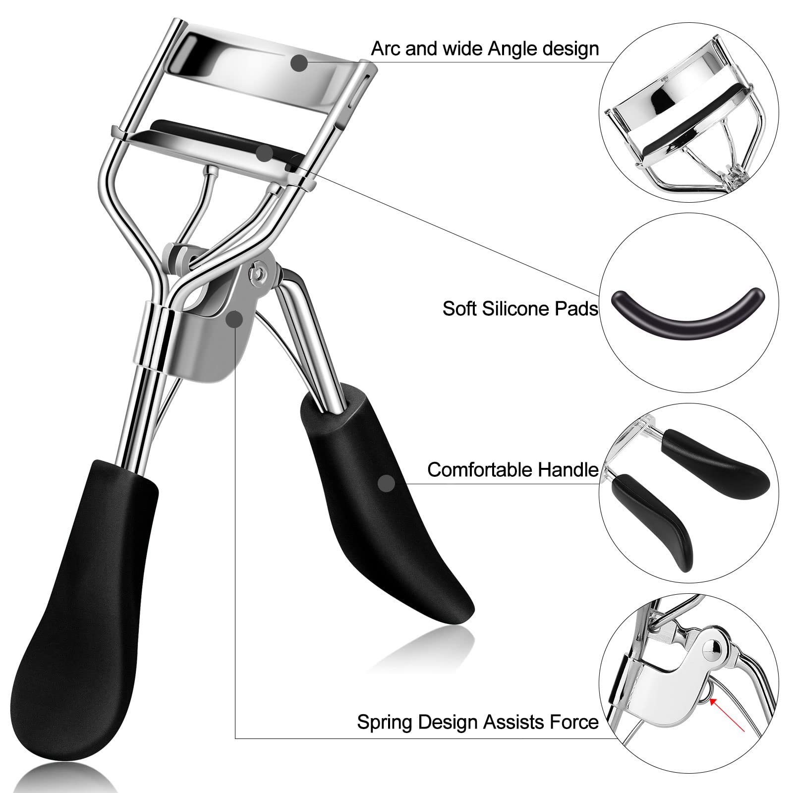 Zowor Eyelash Curler with Comb and Brush Fit All Eye Shape Curved Eyelash Curlers with 5PCS Silicone Refill Pad,Natural and Long Lasting Lash Curler for Women Make Up Gift(Black)