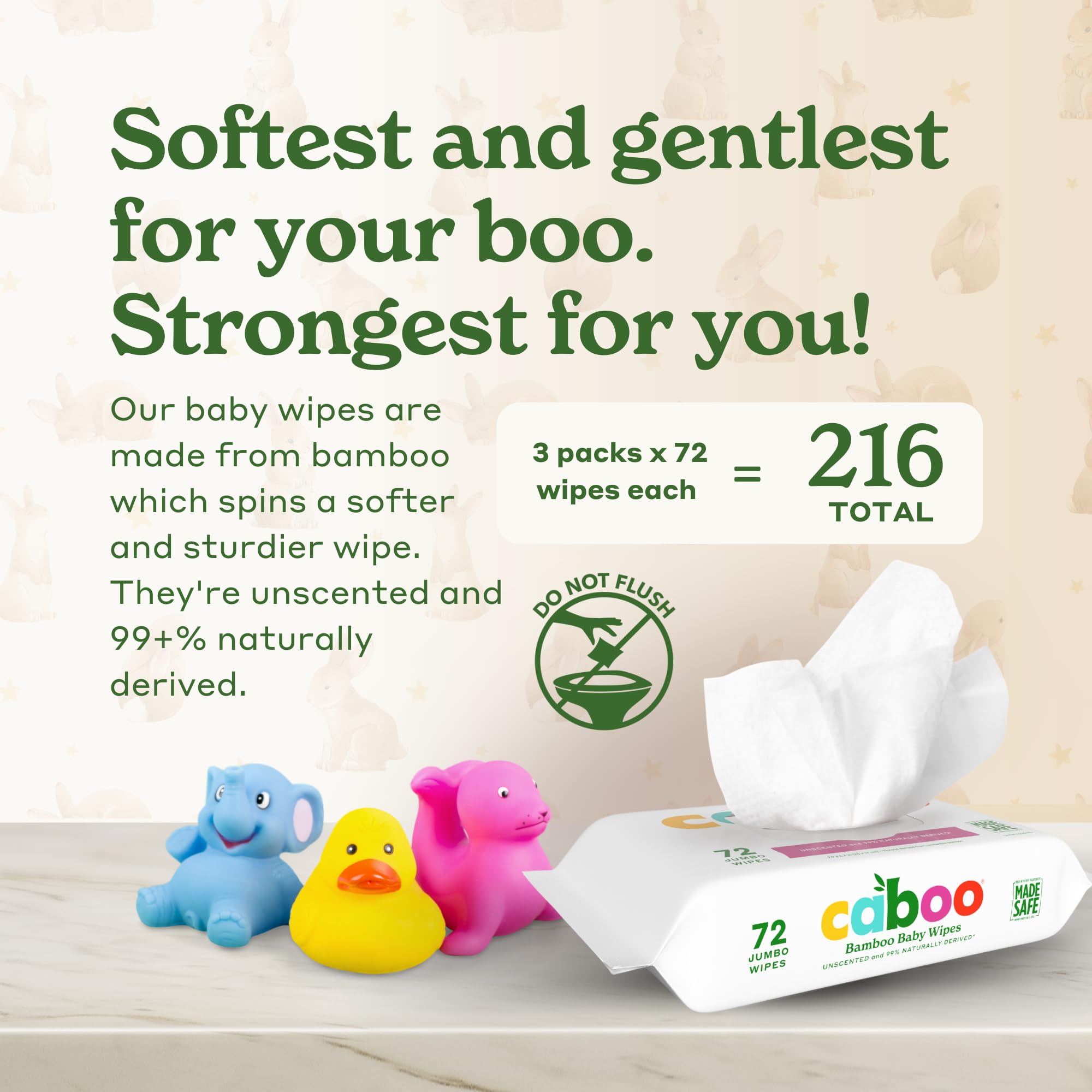 Caboo Baby Wipes, Made with Bamboo Viscose, Certified Made Safe Ingredients, Unscented Baby Wipes Good for Sensitive Skin, 72 Wipes Per Travel Pack, Total of 216 Wet Wipes