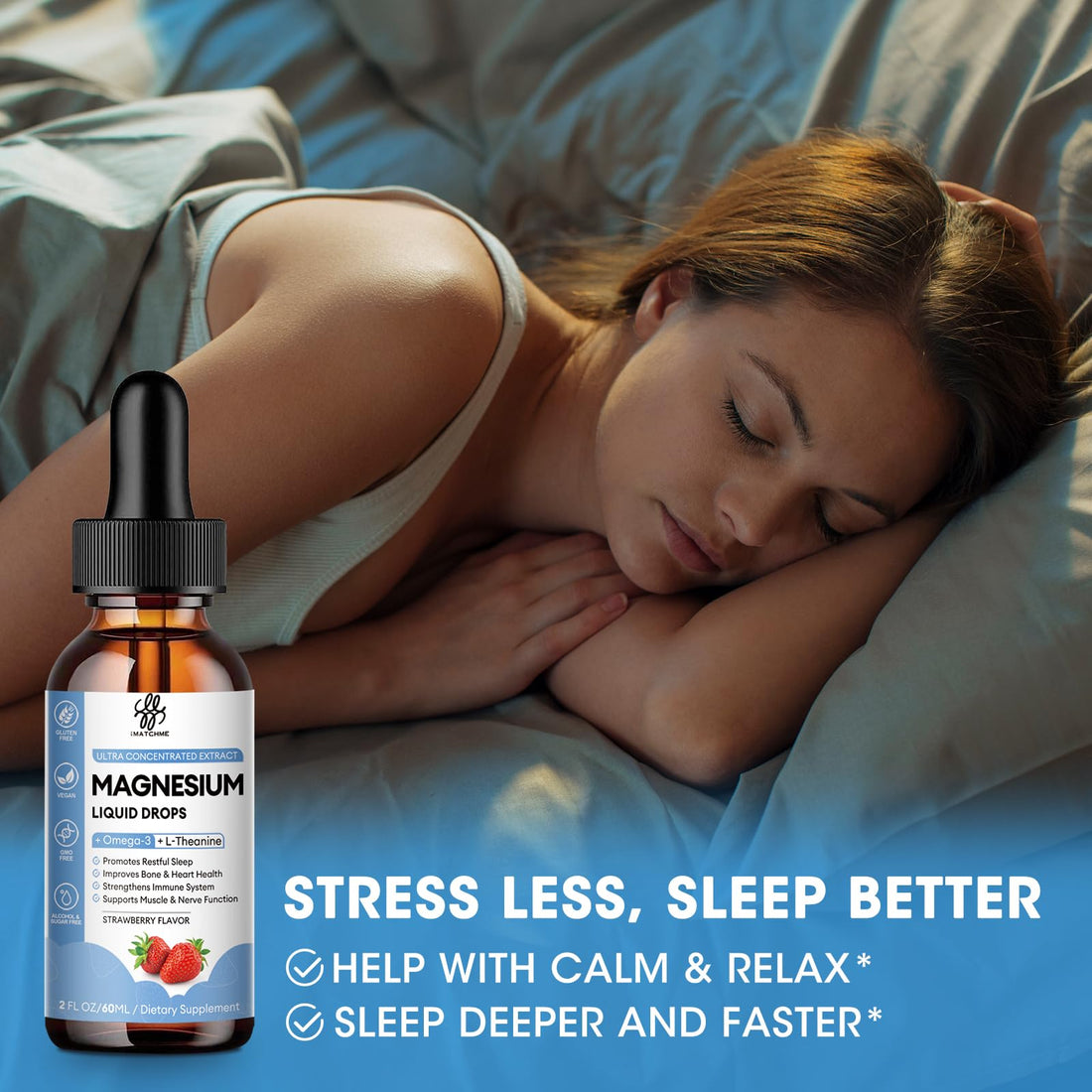 iMATCHME Magnesium Glycinate Liquid Drop with Citrate, Oxide and Taurate, Calm Magnesium with Omega3, L-Theanine, D3, B6, B12 for Calm, Sleep, Leg Cramps, Muscles, Energy, Sugar-Free Strawberry Flavor