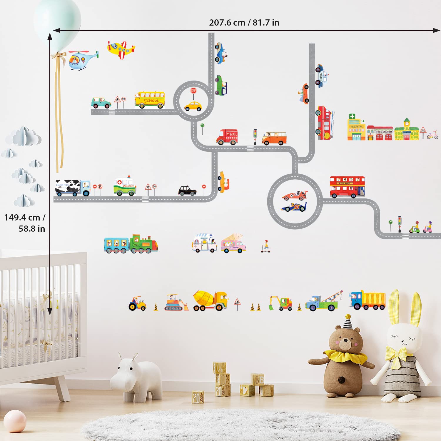 DECOWALL SG3-1404P1405 The Road and Cars Kids Wall Stickers Wall Decals Peel and Stick Removable Wall Stickers for Kids Nursery Bedroom Living Room (Medium) décor
