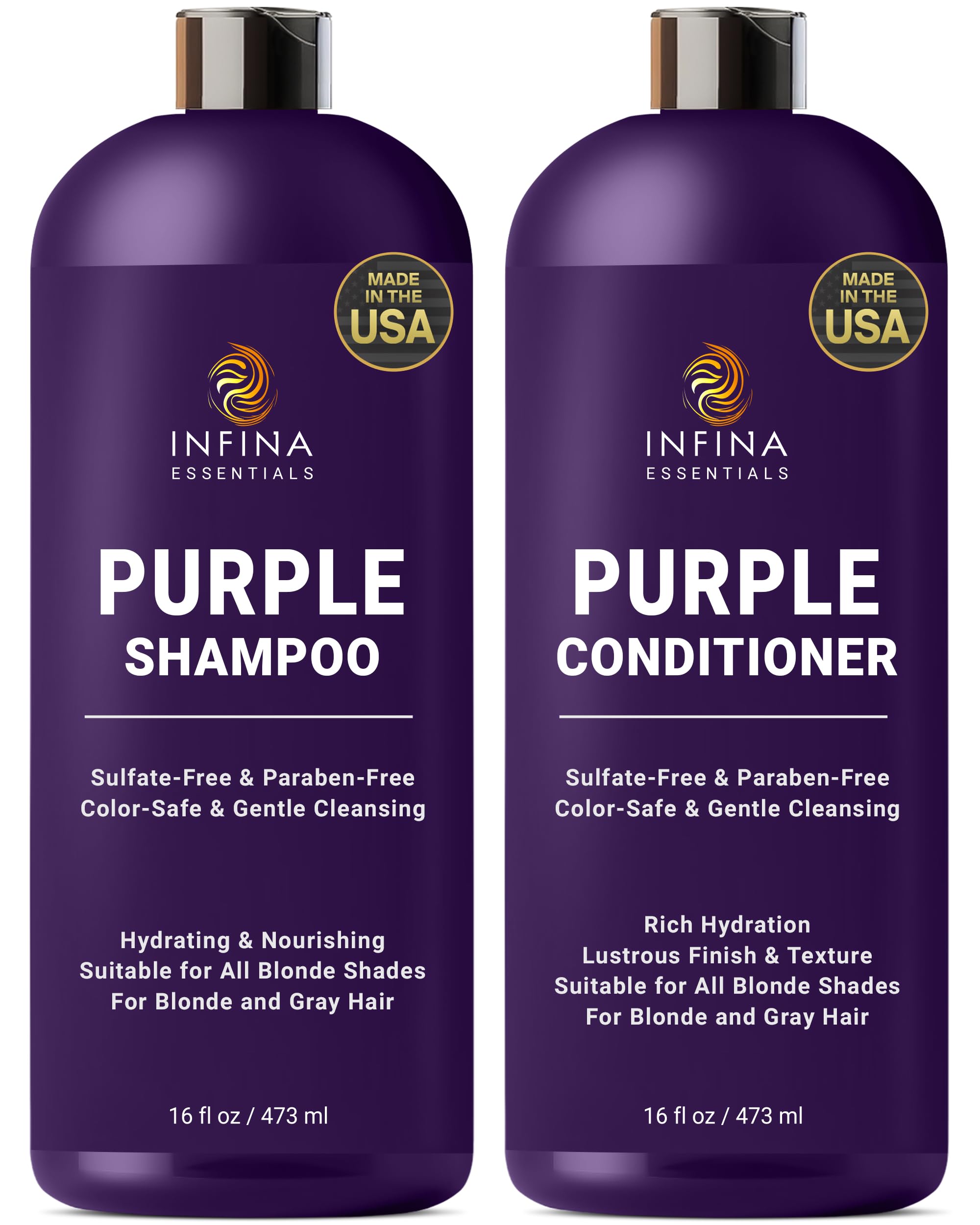 INFINA ESSENTIALS Purple Shampoo and Conditioner Set - Sulfate Free, Enriched with Coconut Oil & Aloe Vera, Ideal for Blonde, Gray, Brassy & Color Treated Hair, Nourishes & Hydrates - 16 fl oz each