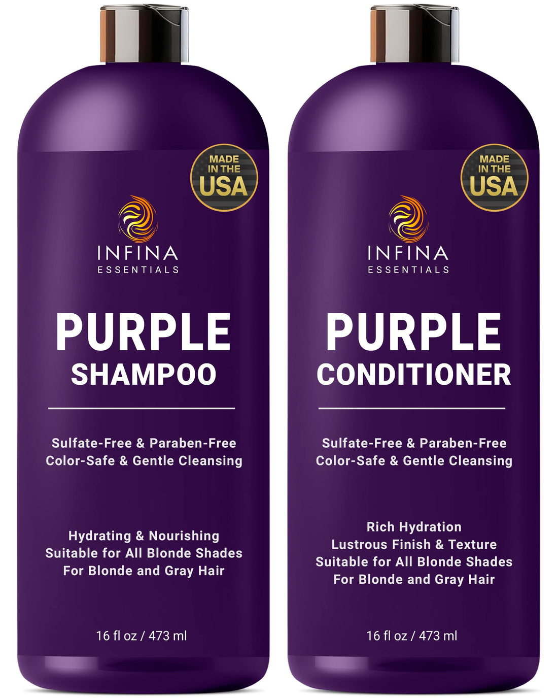 INFINA ESSENTIALS Purple Shampoo and Conditioner Set - Sulfate Free, Enriched with Coconut Oil & Aloe Vera, Ideal for Blonde, Gray, Brassy & Color Treated Hair, Nourishes & Hydrates - 16 fl oz each