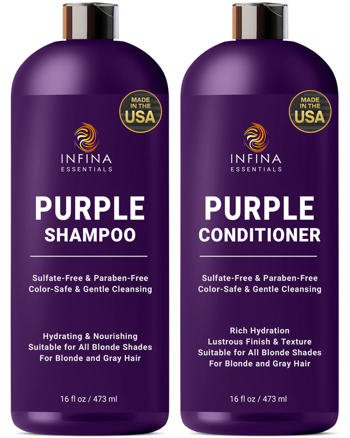 INFINA ESSENTIALS Purple Shampoo and Conditioner Set - Sulfate Free, Enriched with Coconut Oil & Aloe Vera, Ideal for Blonde, Gray, Brassy & Color Treated Hair, Nourishes & Hydrates - 16 fl oz each
