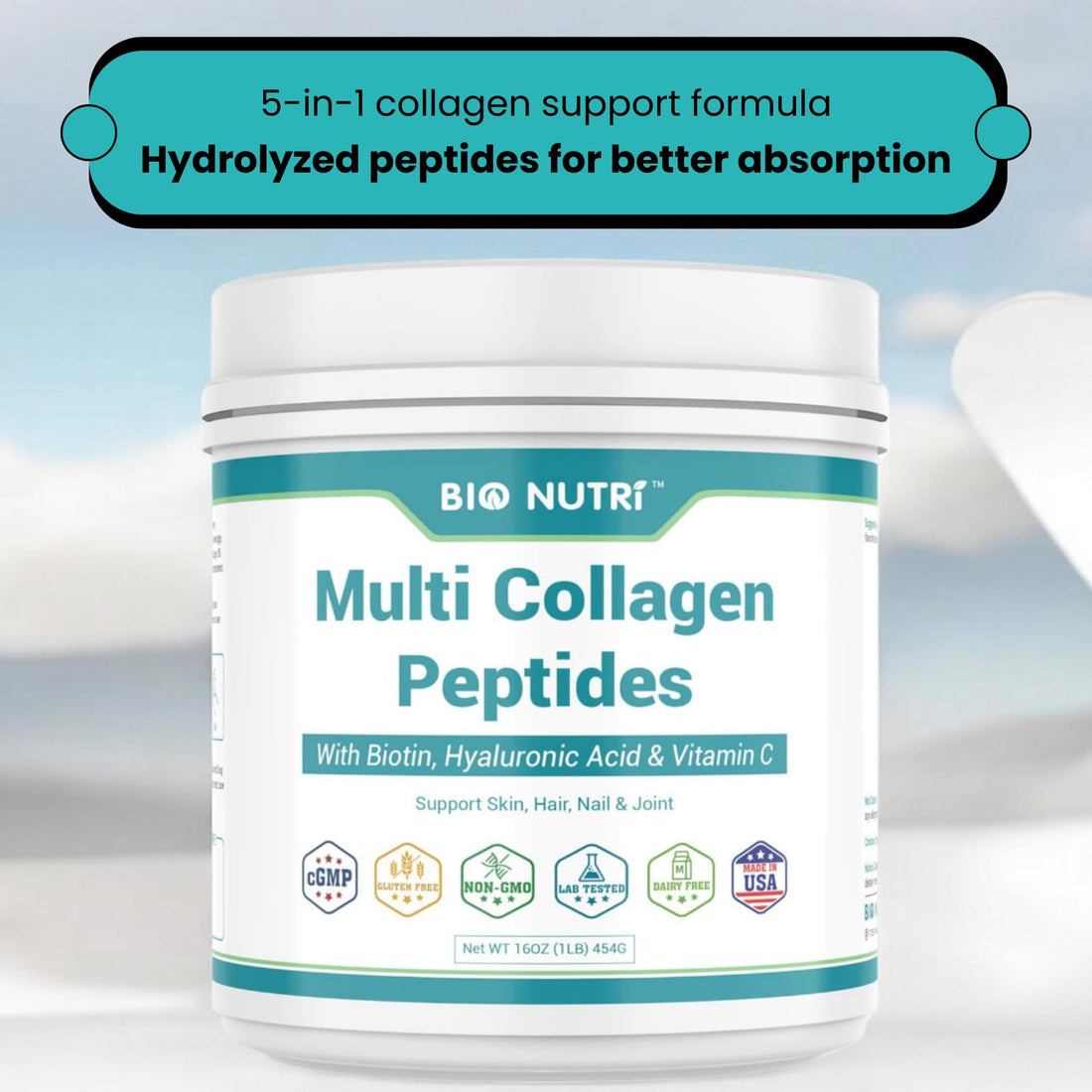 BIO NUTRI Collagen Peptides - Multi Collagen Peptides with 5 Types - Hydrolyzed Collagen Peptides Powder with Biotin & HA - Support for Hair, Skin, Nails & Joints