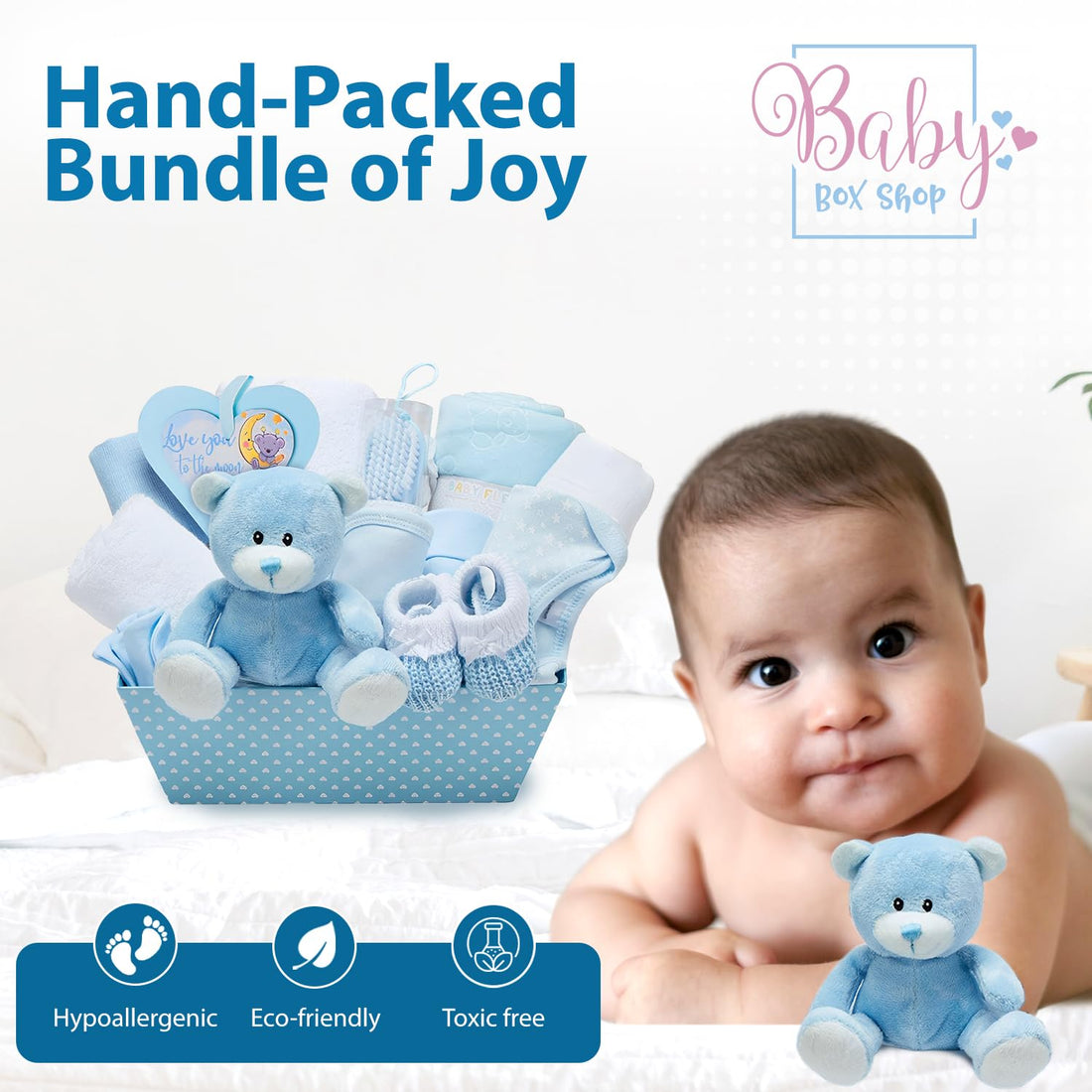 Baby Box Shop Baby Boy Gift Basket for New Born Baby Boys - New Baby Boy Gift Set with Baby Boy Basket Gift Set - New Born Baby Boys Gift, Baby Gift Sets, Gift Baskets for New Parents (Blue)
