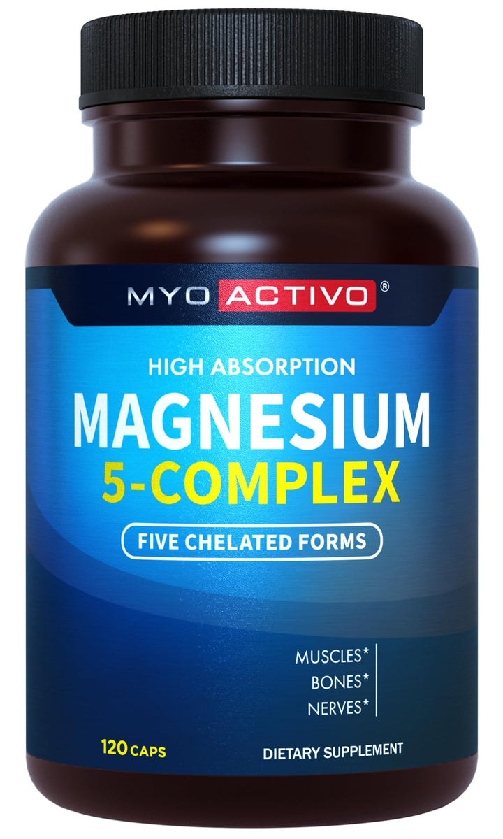 MyoActivo 5-in-1 Magnesium Complex - High Absorption - Chelated Magnesium Glycinate, Malate, Citrate, Taurate, & Aspartate for Nerves, Muscles, Bones | 120 Capsules | Magnesium Supplement