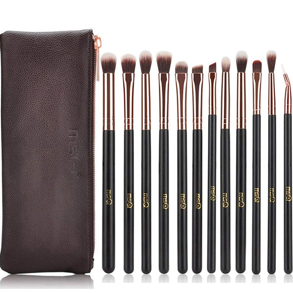MSQ Eyeshadow Brushes 12pcs Rose Gold Eye Make Up Brush Set with Bag (PU Leather Pouch) Soft Natural Hairs for Eyeshadow, Eyebrow, Eyeliner, Blending, Best Gifts - Rose Gold
