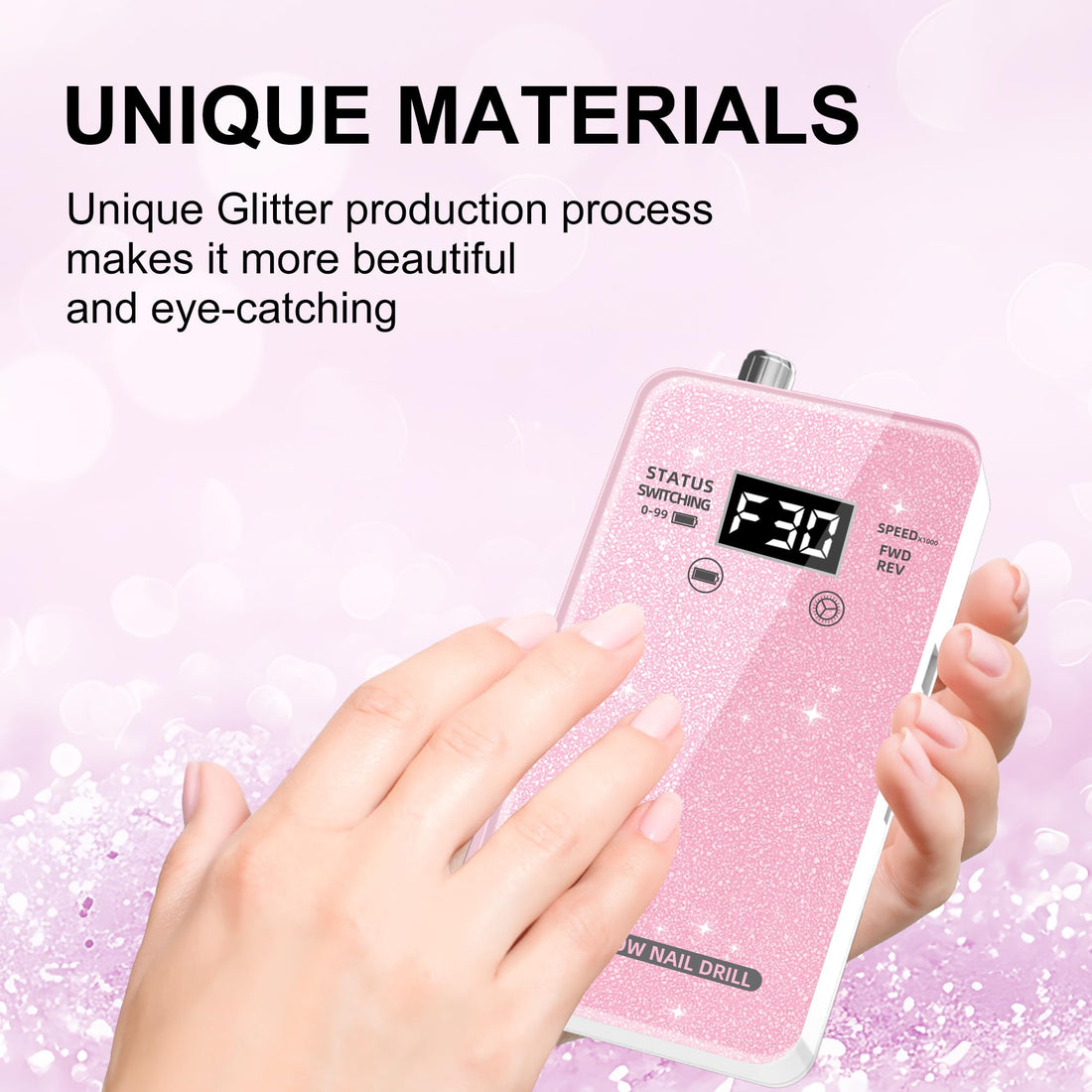 Professional Electric Nail Drill File:COSYGLOW Glitter Portable Cordless E-File Nail Drill Kit with 11 Drill Bits,30000 RPM Rechargeable Nail Drills Machine for Acrylic Nails Gel Polishing (Pink)
