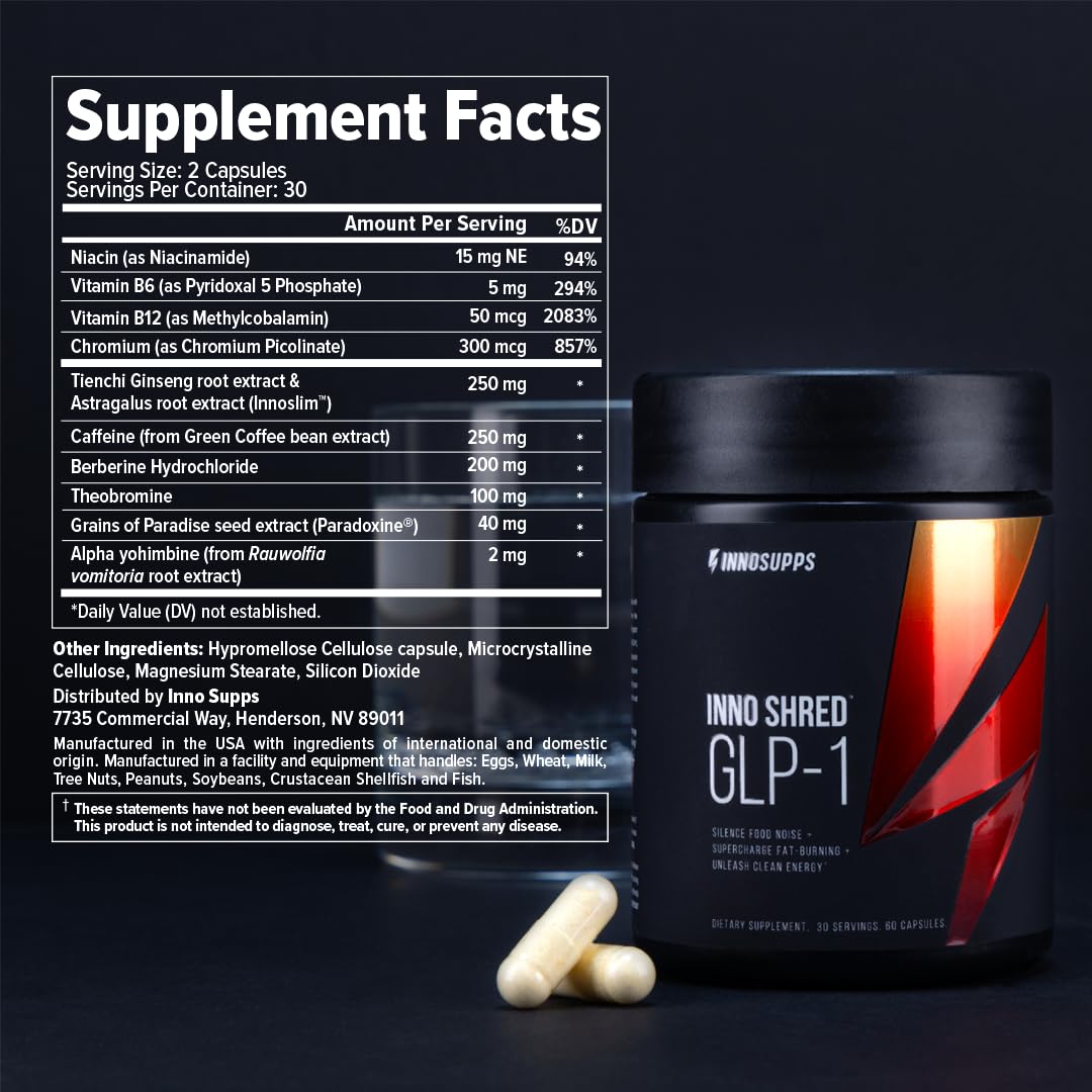 InnoSupps Inno Shred™ GLP-1 | Thermogenic Fat-Burner | Appetite + Metabolism Support | Energy + Performance | Berberine + Chromium | 60 Capsules. 30 Servings.