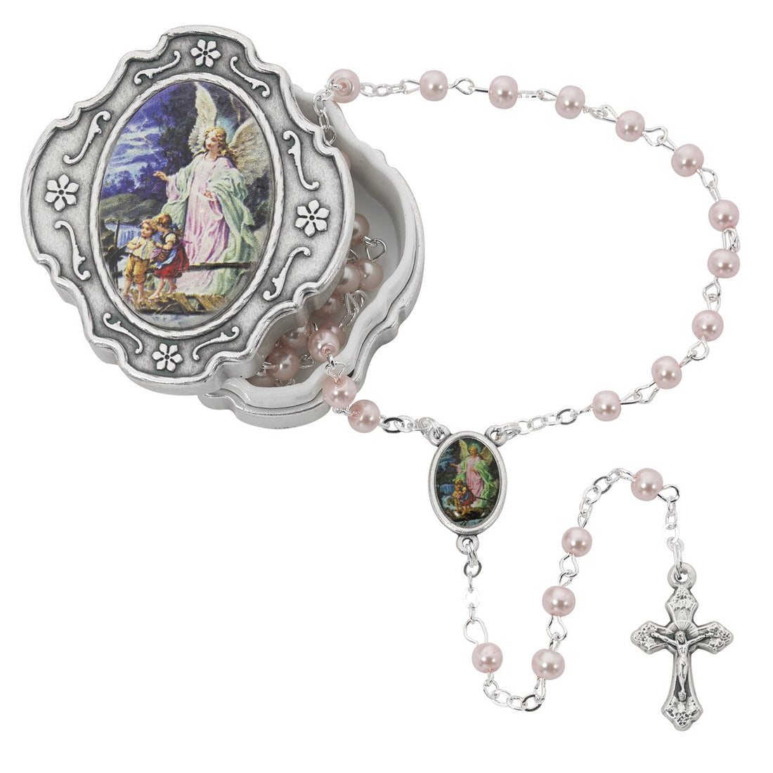 760-91 GUARDIAN ANGEL BOX WITH PINK ROSARY, PERFECT FOR BAPTISM OR CHRISTENING