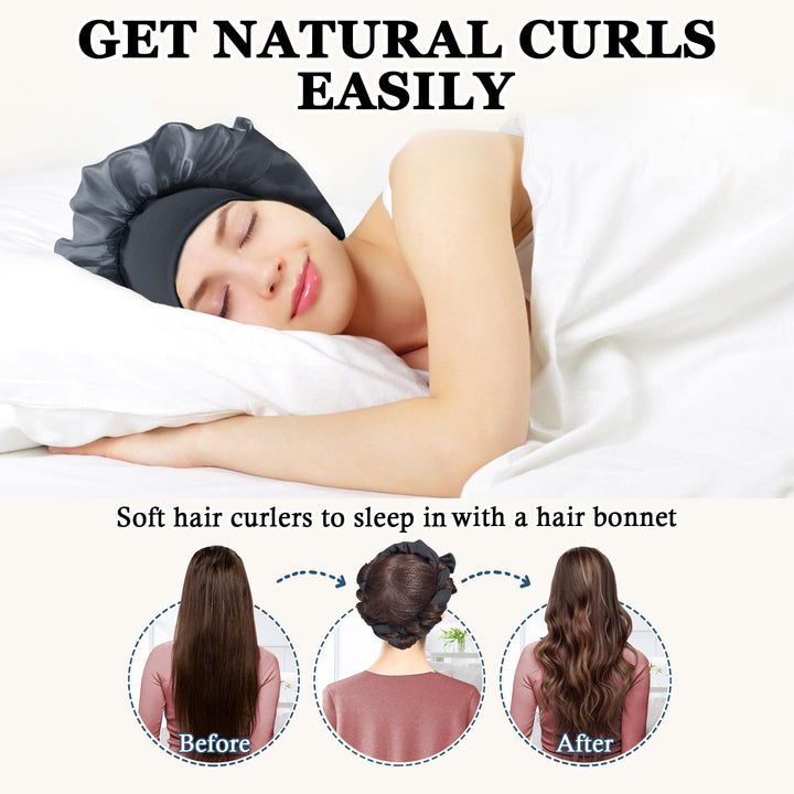 Gwabee No Heat Overnight Hair Curlers Headband, 70 Soft Ribbon Curl Wrap for Long Hair - 9 PCS Curling Rods Set - Grey