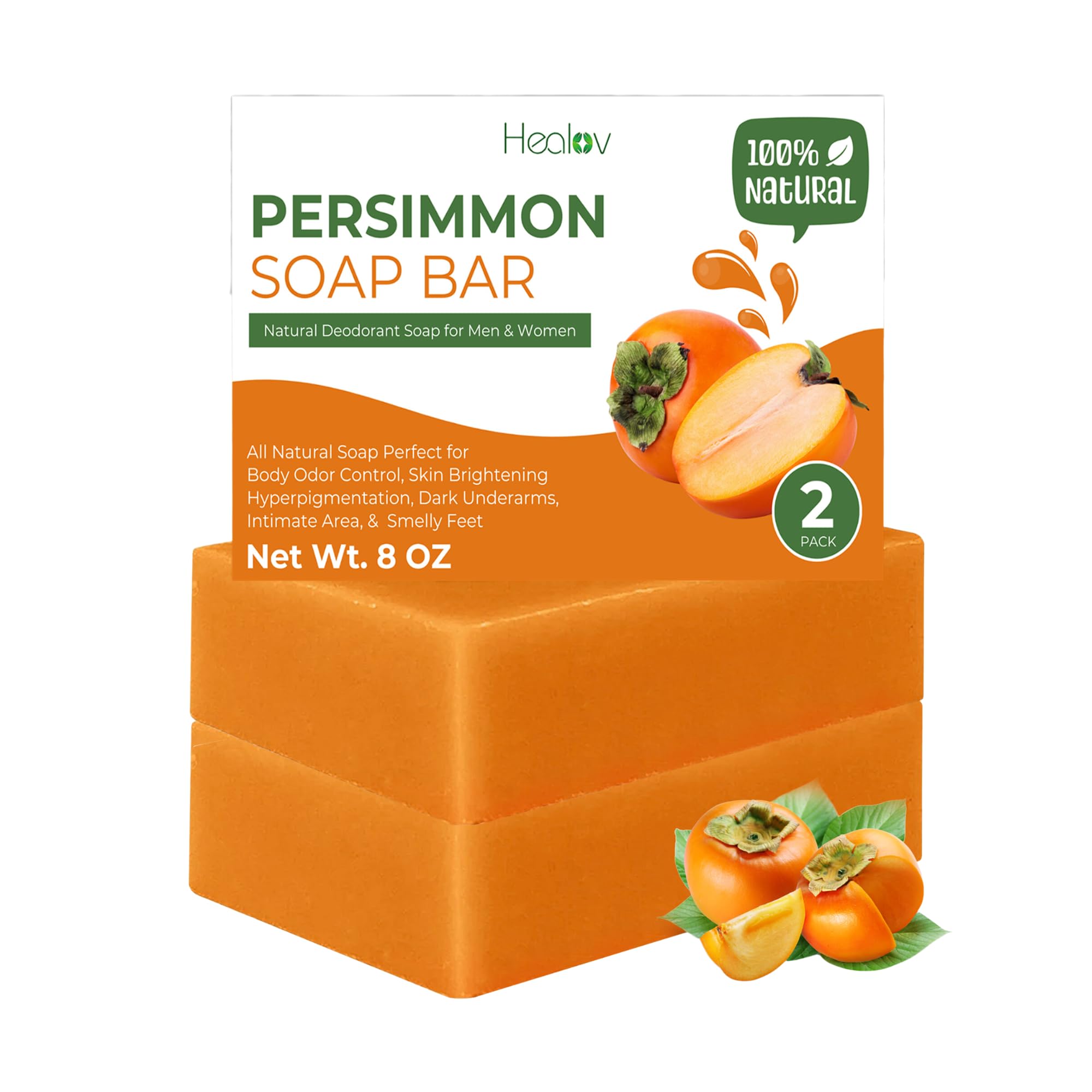 Healov Persimmon Soap Bar for Body Odor Control – Purifying Deodorizing Face & Body Wash for Eliminating Body Odor – Great for Skin Brightening, Hyperpigmentation – Deodorant Soap for Men & Women