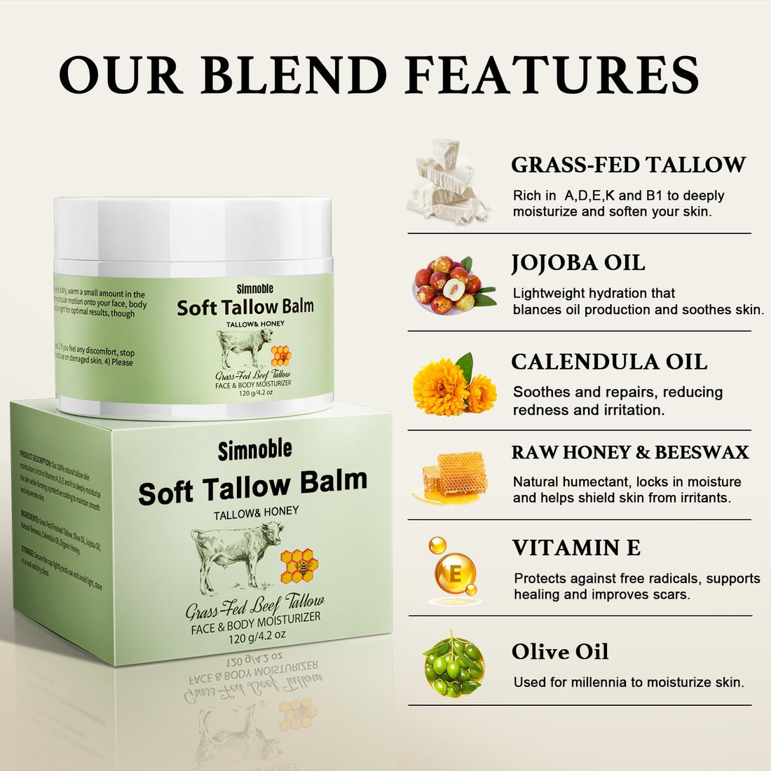 Beef Tallow for Skin, Beef Tallow and Honey Balm, Natural Tallow Face Moisturizer, Grass Fed Organic Tallow Face Cream Moisturizer Body Lotion Skin Care for Sensitive Skin - 4.2 oz