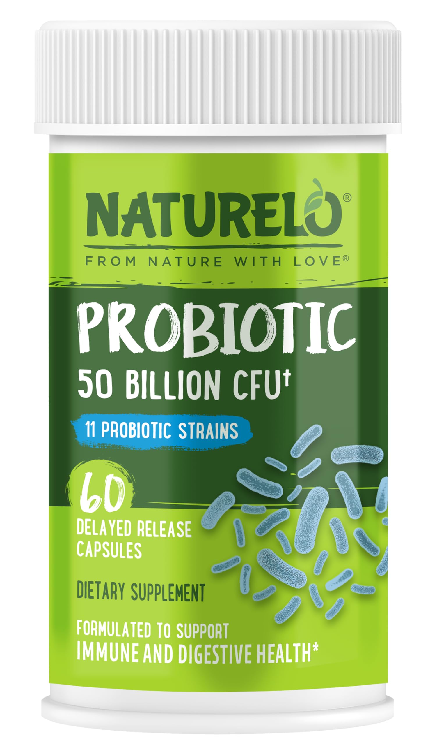 NATURELO Probiotics for Digestive Health - 50 Billion CFU, 11 Strains Daily Supplement - Boosts Immune System, Delayed Release, 60 Vegetarian Capsules