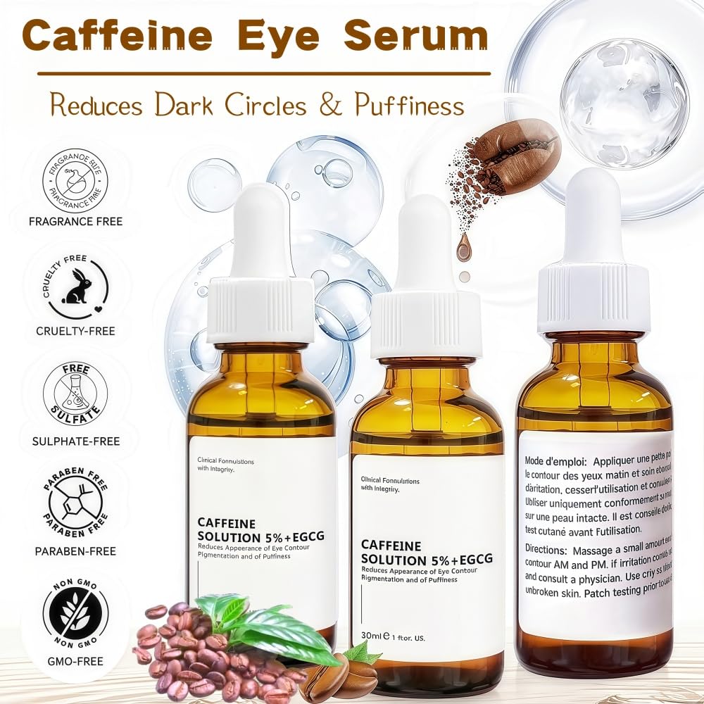 Caffeine Solution 5% + EGCG, Caffeine Eye Serum For Face, Moisturizing Under Eye Solution For Reduces Dark Circles & Puffiness, 30ML