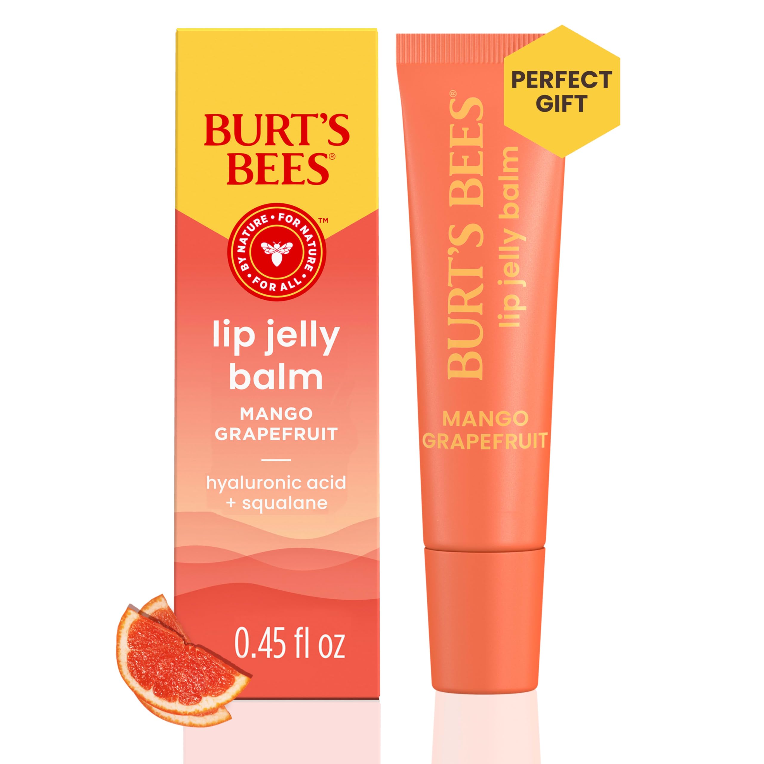 Burt’s Bees Mango Grapefruit Lip Jelly Balm, With Hyaluronic Acid and Squalane Moisturizer To Instantly Hydrate Lips, Lip Gloss With Responsibly Sourced Beeswax, Tint-Free, Lip Treatment, 0.45 oz.