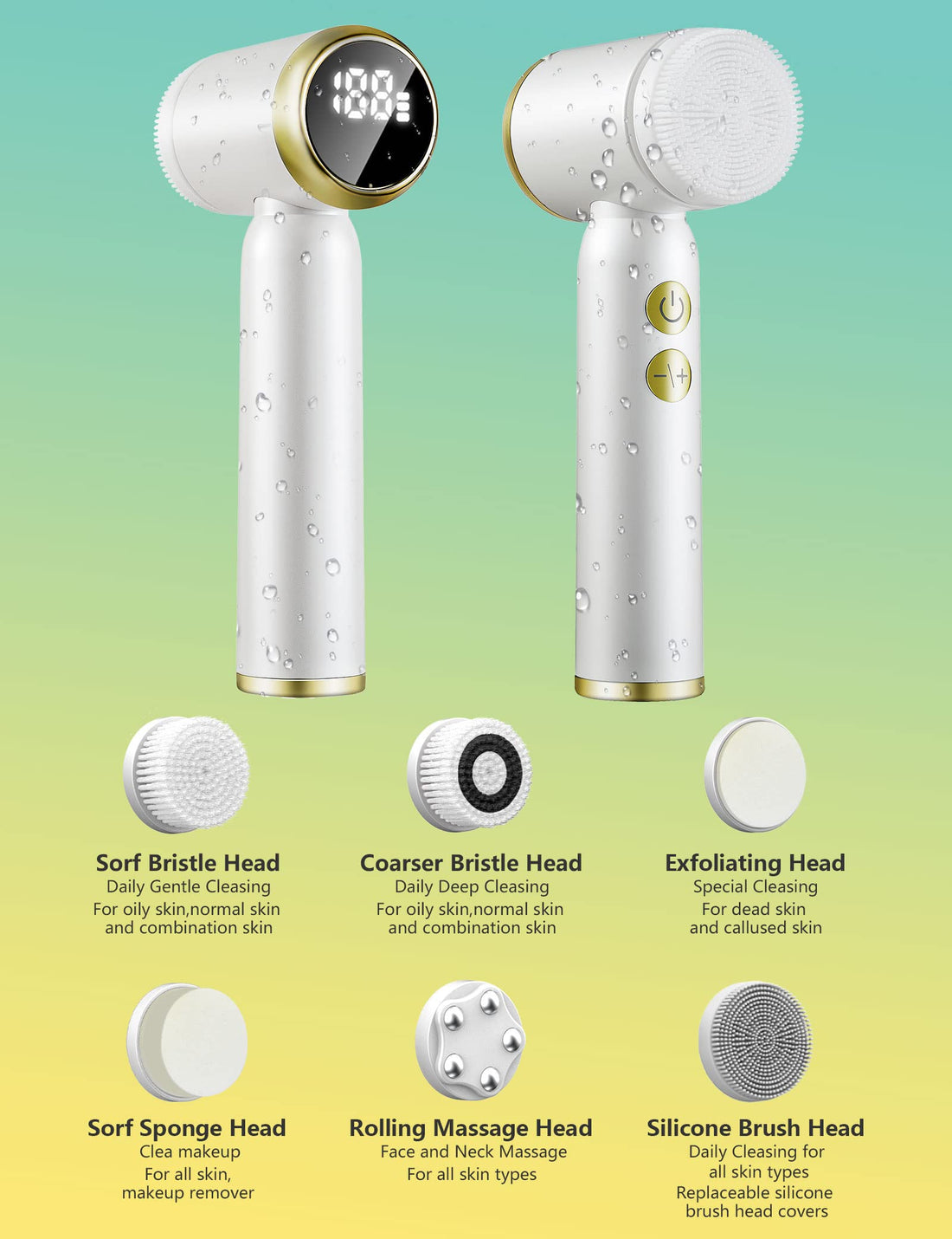 6 in 1 Face Brushes for Cleansing and Exfoliating ,Spin Facial Cleansing Brush with LED Display,Electric Face Cleansing Brush ,Rechargeable Facial Cleansing Brush with 6 Heads BSROLUNA(Milk White)