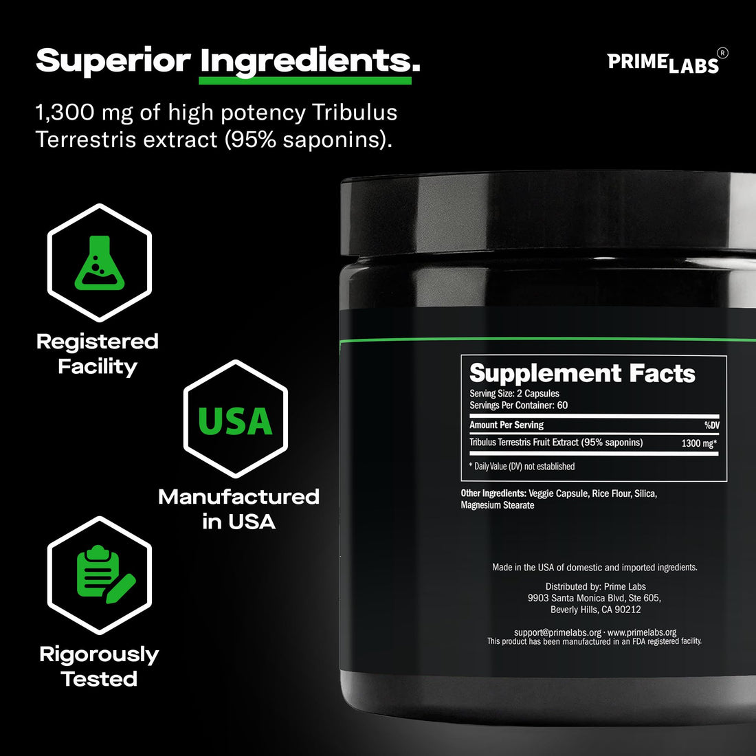Prime Labs Tribulus Terrestris for Men 1300mg - Enhanced with 95% Saponins - Energy, Vitality, Strength - 120 Count