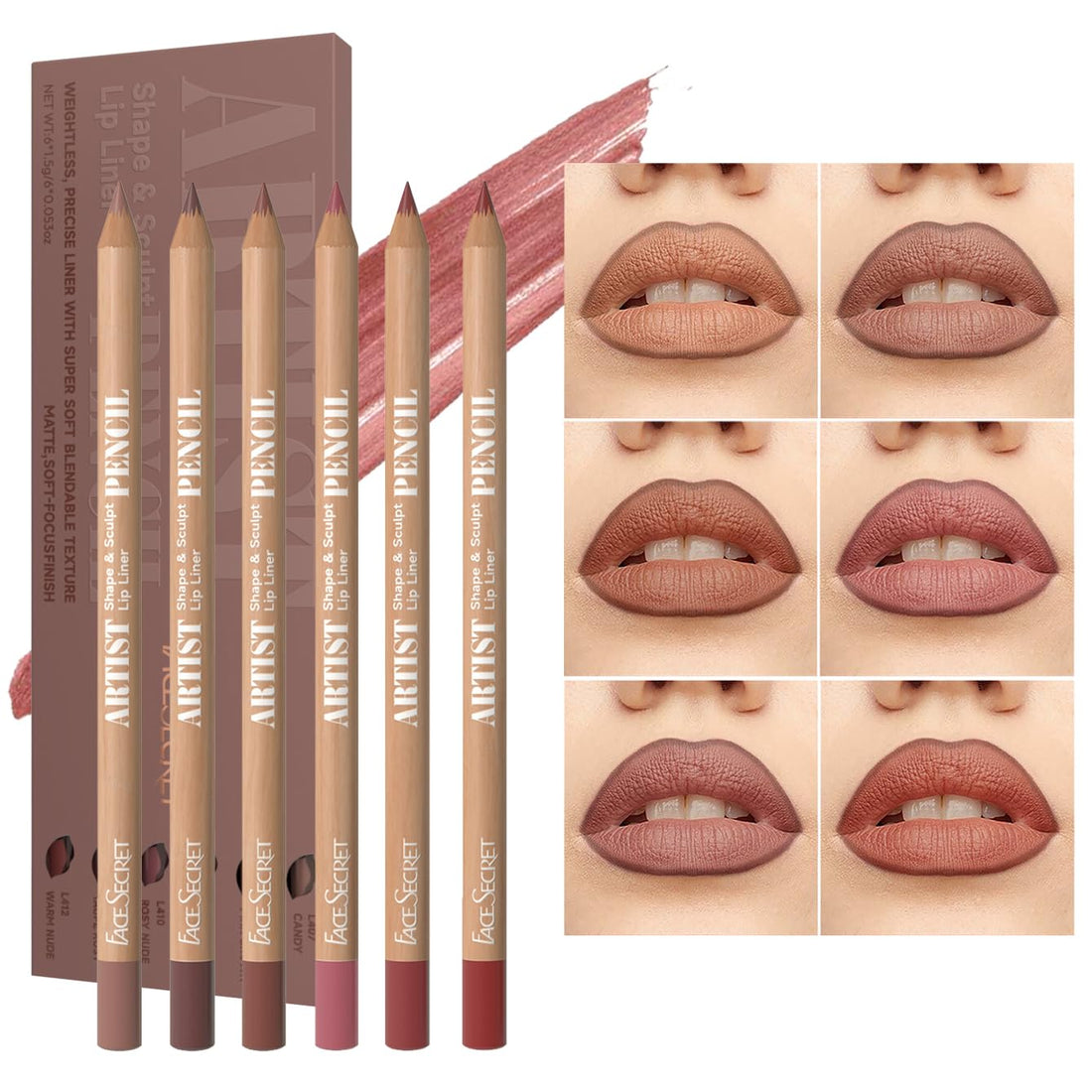 Beauty Glazed 6pcs Nude Brown Lip Liner Makeup Set - Waterproof & Smudge-Proof Matte Pencil, Long-Lasting & Durable, Smooth & Easy Glide, Non-Smudge, Contouring, Filling & Layering (NUDE-PINK Set)
