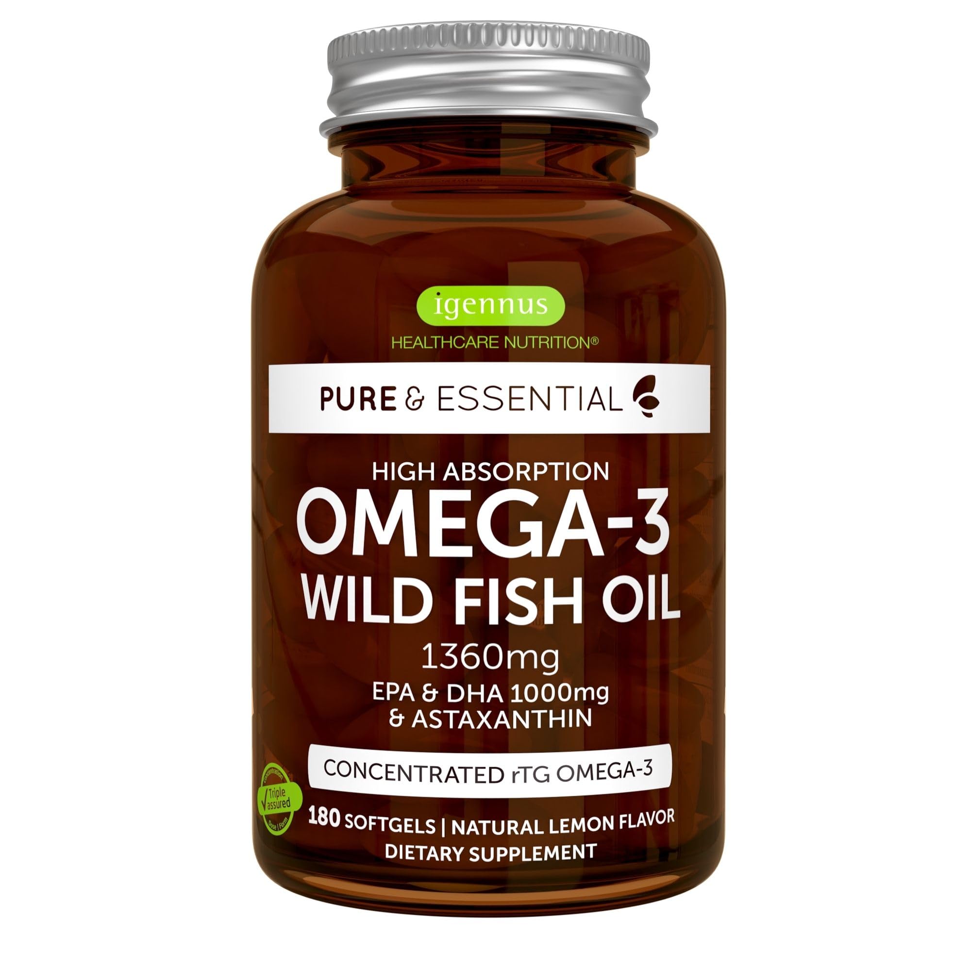 Igennus Advanced Triglyceride Omega 3 Wild Fish Oil rTG EPA DHA 1000mg, Ultra Pure Non-GMO Fatty Acids with Astaxanthin, Free from Environmental Toxins, 180 Softgels