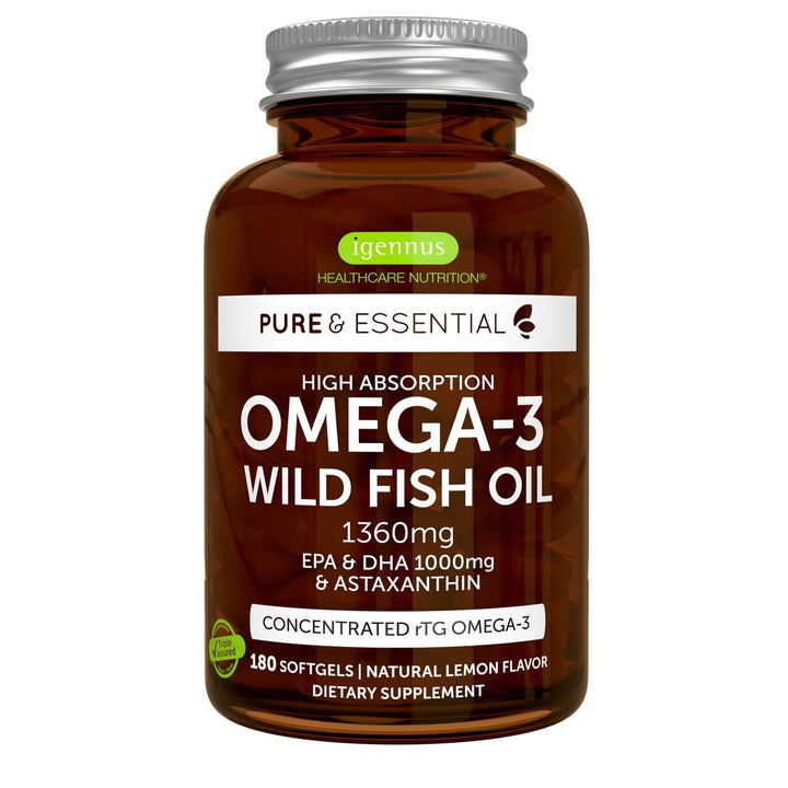 Igennus Advanced Triglyceride Omega 3 Wild Fish Oil rTG EPA DHA 1000mg, Ultra Pure Non-GMO Fatty Acids with Astaxanthin, Free from Environmental Toxins, 180 Softgels