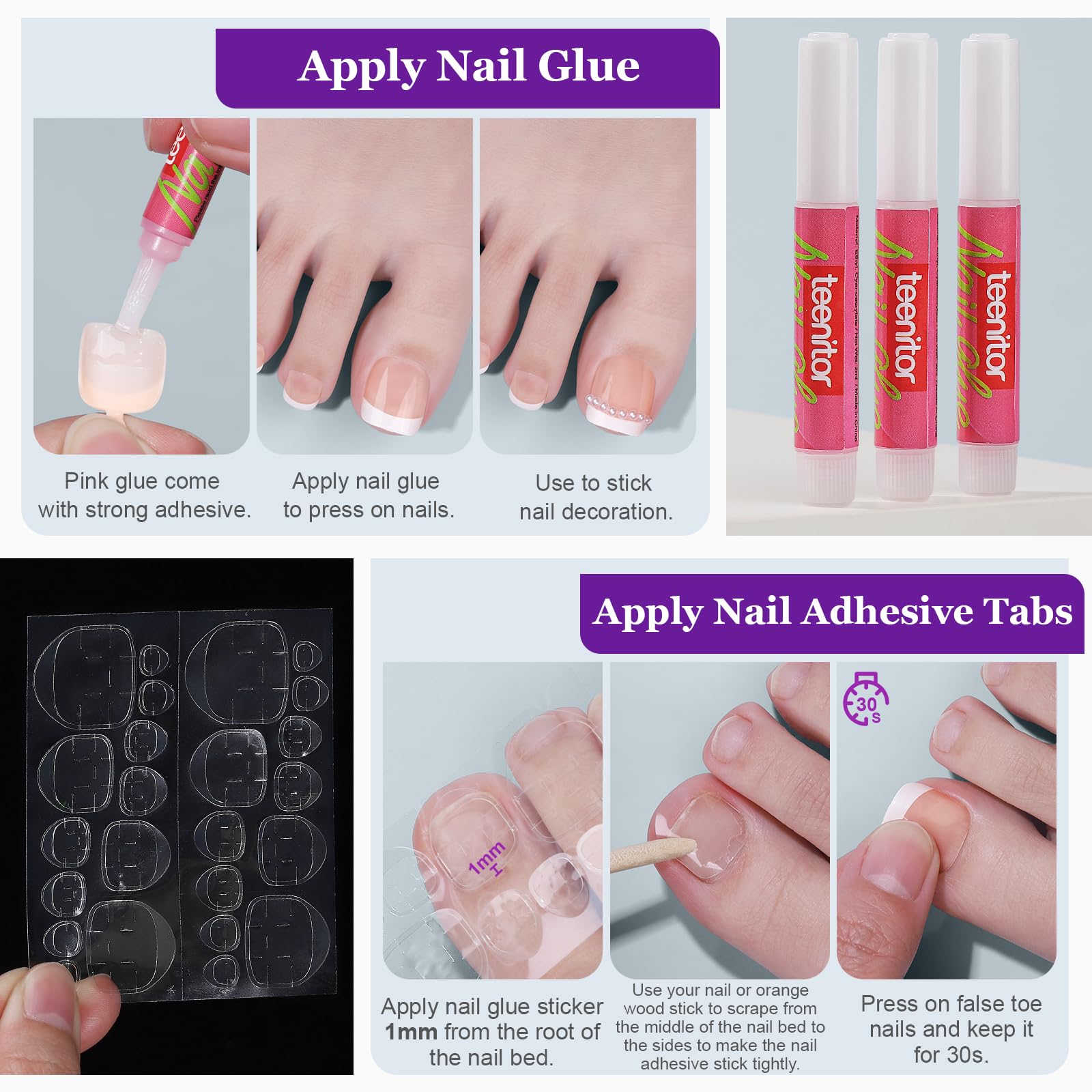 Teenitor Press on Toenails for Women, 240pcs 15 Sizes of French Tip Toe Nail Press ons with Nail Glue, Toe Press on Nails Fake Toe Nails