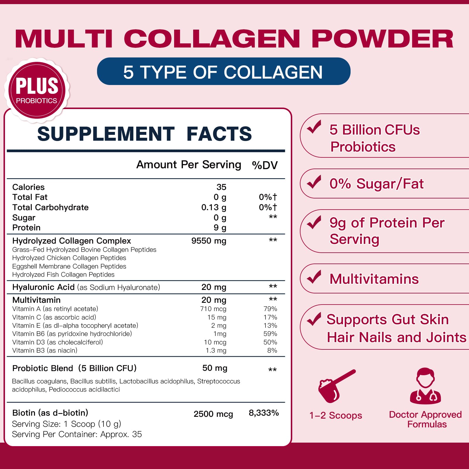 Multi Collagen Peptides Powder with Probiotics - Type I II III V X - Hydrolyzed Collagen Peptides with Multivitamins, Hyaluronic Acid & Biotin - Support Skin Hair Nail Joints & Gut, 35 Servings