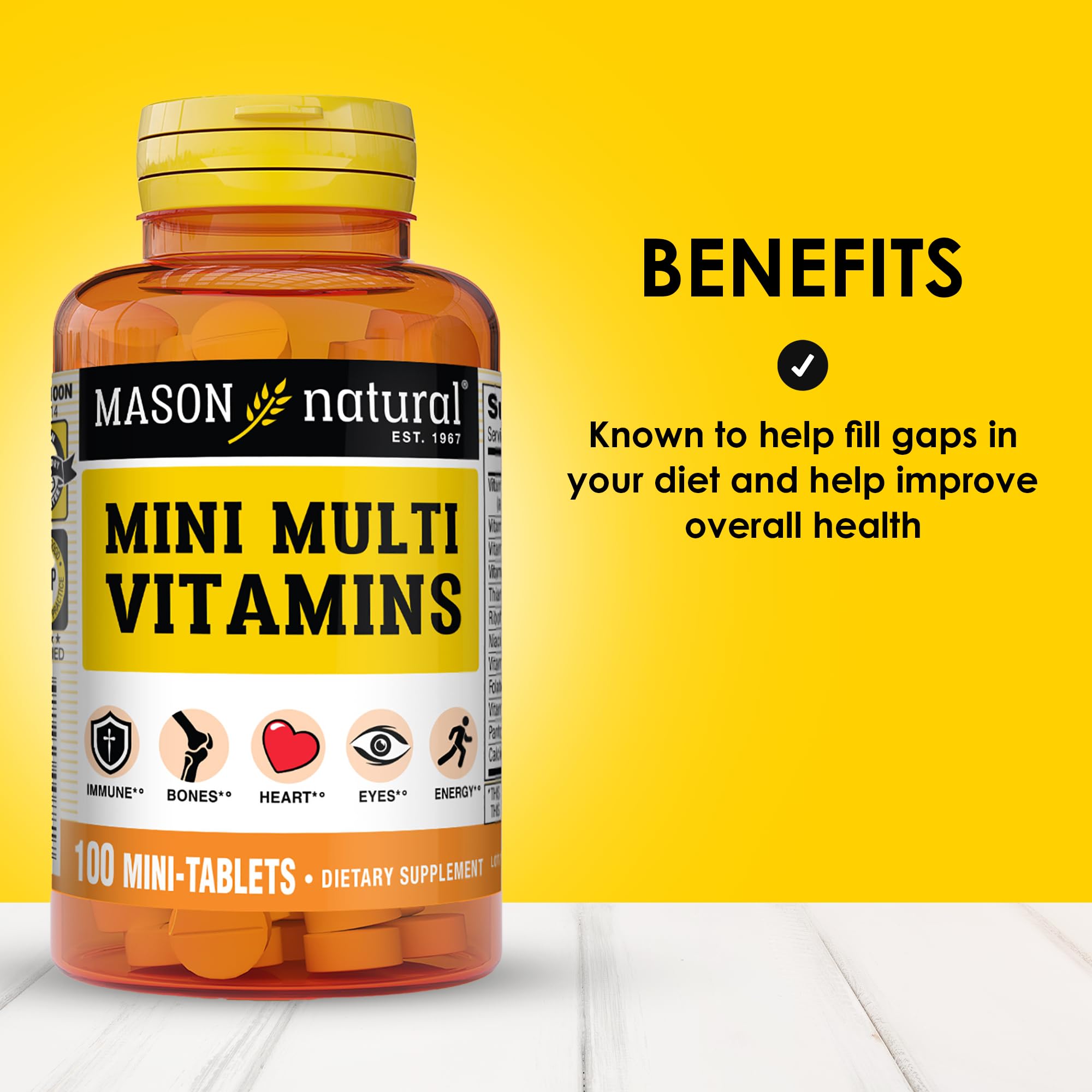 MASON NATURAL Mini Multi Vitamins, Vitamins A, C, D3, E, B1, B2, B3, B6, B12, Folate and Calcium for Overall Health, 100 Day Supply