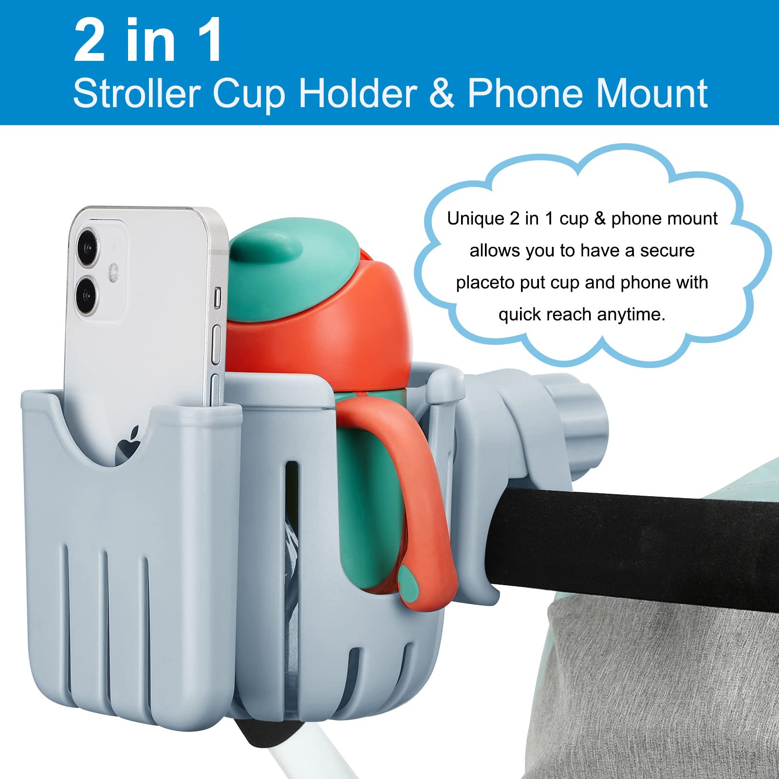 Accmor Stroller Cup Holder with Phone Holder, Bike Cup Holder, 2-in-1 Universal Cup Phone Drinks Holder for Stroller Walker Wheelchair, Grey