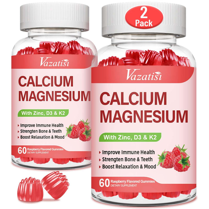 Calcium Magnesium Zinc Gummies with Vitamin D3 & K2, High Absorption Magnesium Glycinate Potassium for Immune and Calm Mood, Raspberry Flavor 120 Gummies