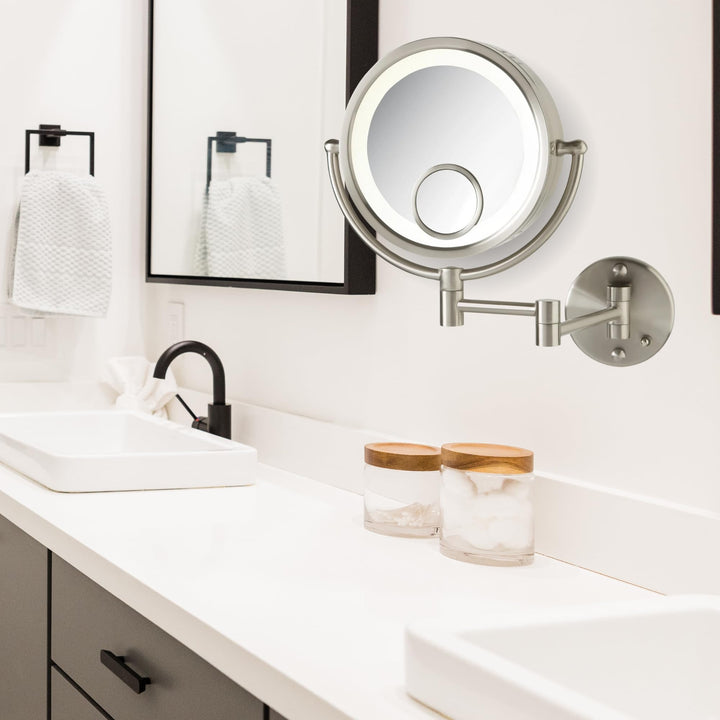Jerdon HL8515N 8.5-Inch Lighted Wall Mount Makeup Mirror with 7x and 15x Magnification, Nickel Finish