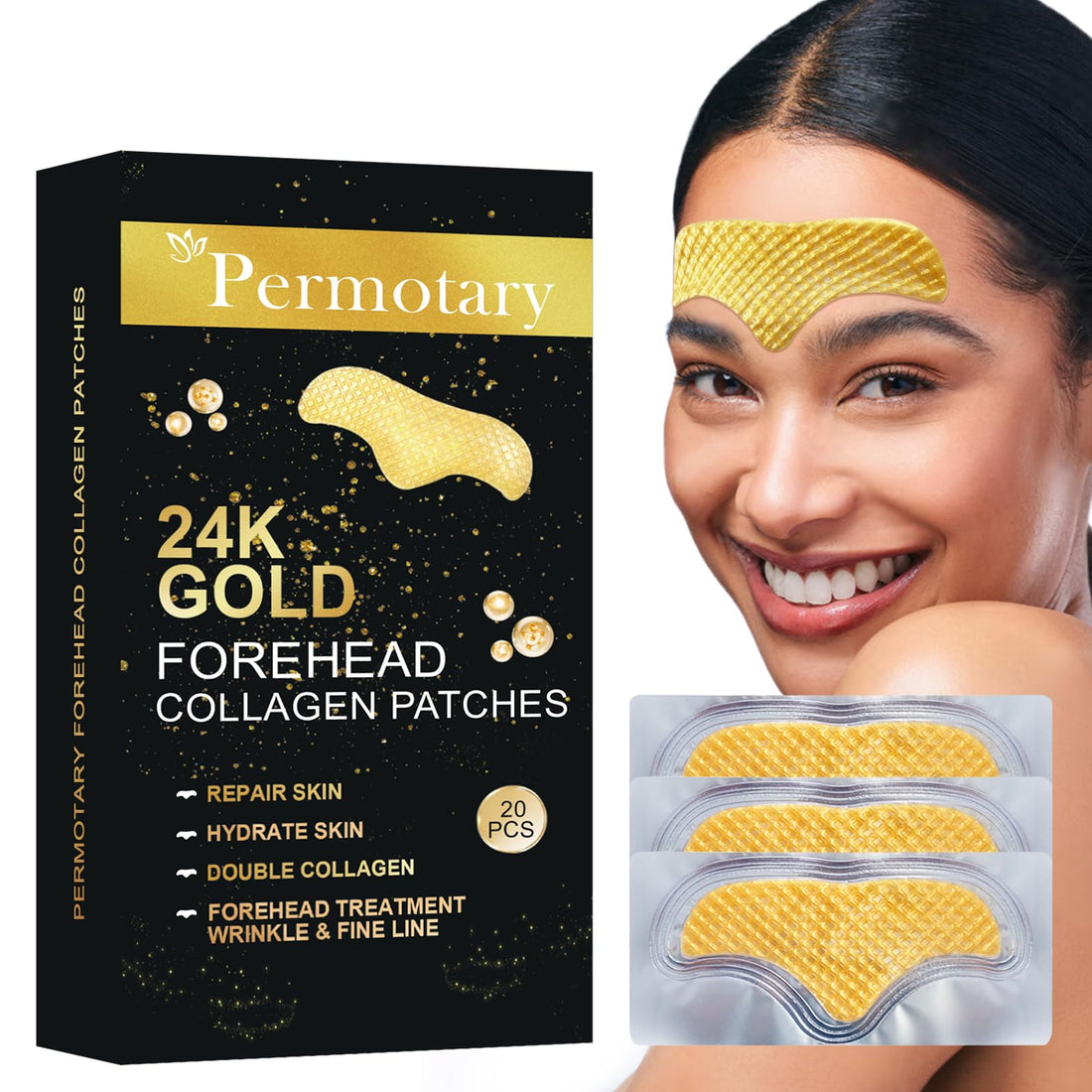 Permotary 24K Gold Forehead Wrinkle Patches,20 Pcs Collagen Forehead Lines Mask Forehead Frown Wrinkles Pads with Collagen Boosting Elasticity for Women and Men