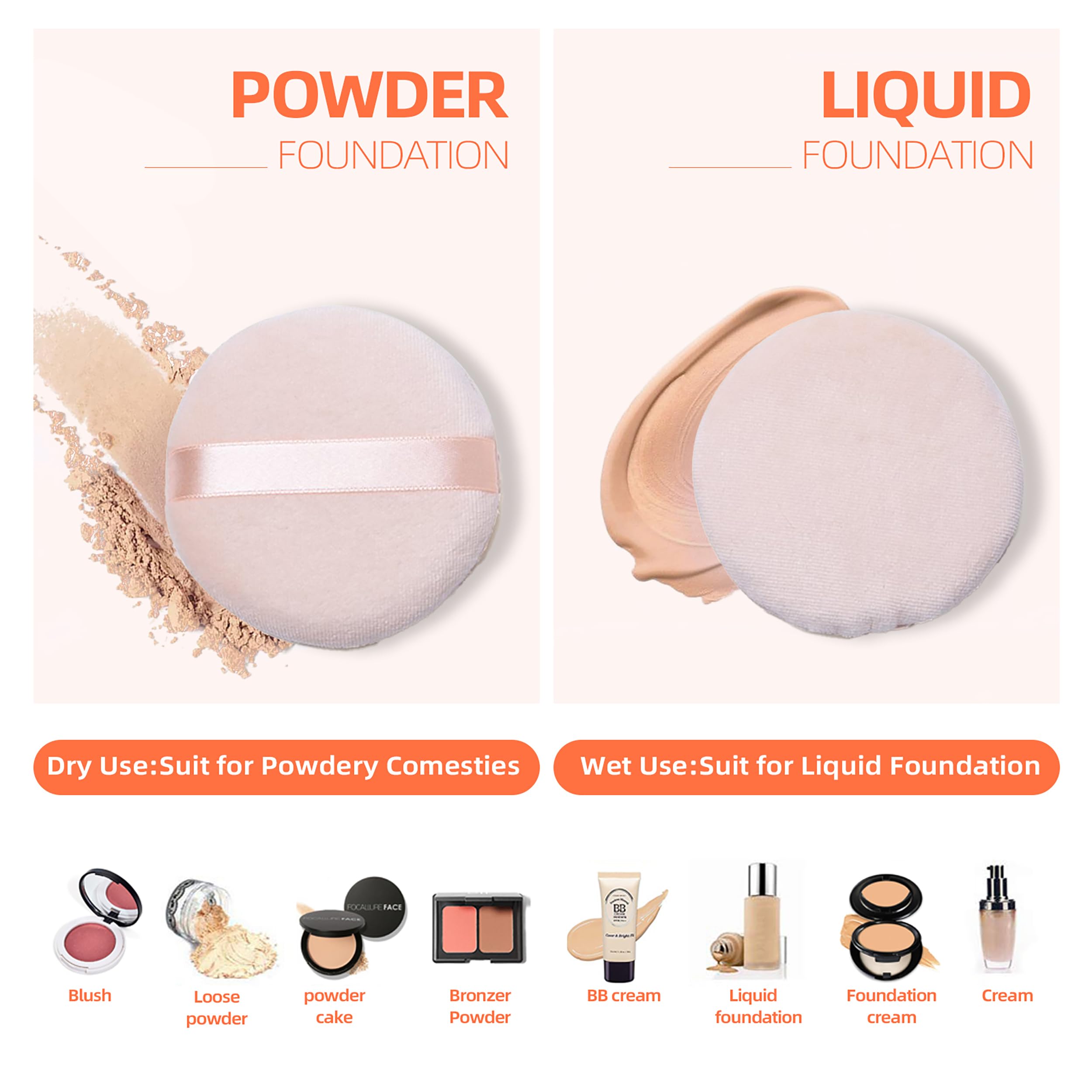 Pure Cotton Powder Puff,Puff, for Powder Foundation, 3.15 inch Normal Size, with Strap, Blending for Loose Powder Mineral Powder Body Powder, 10 Pieces