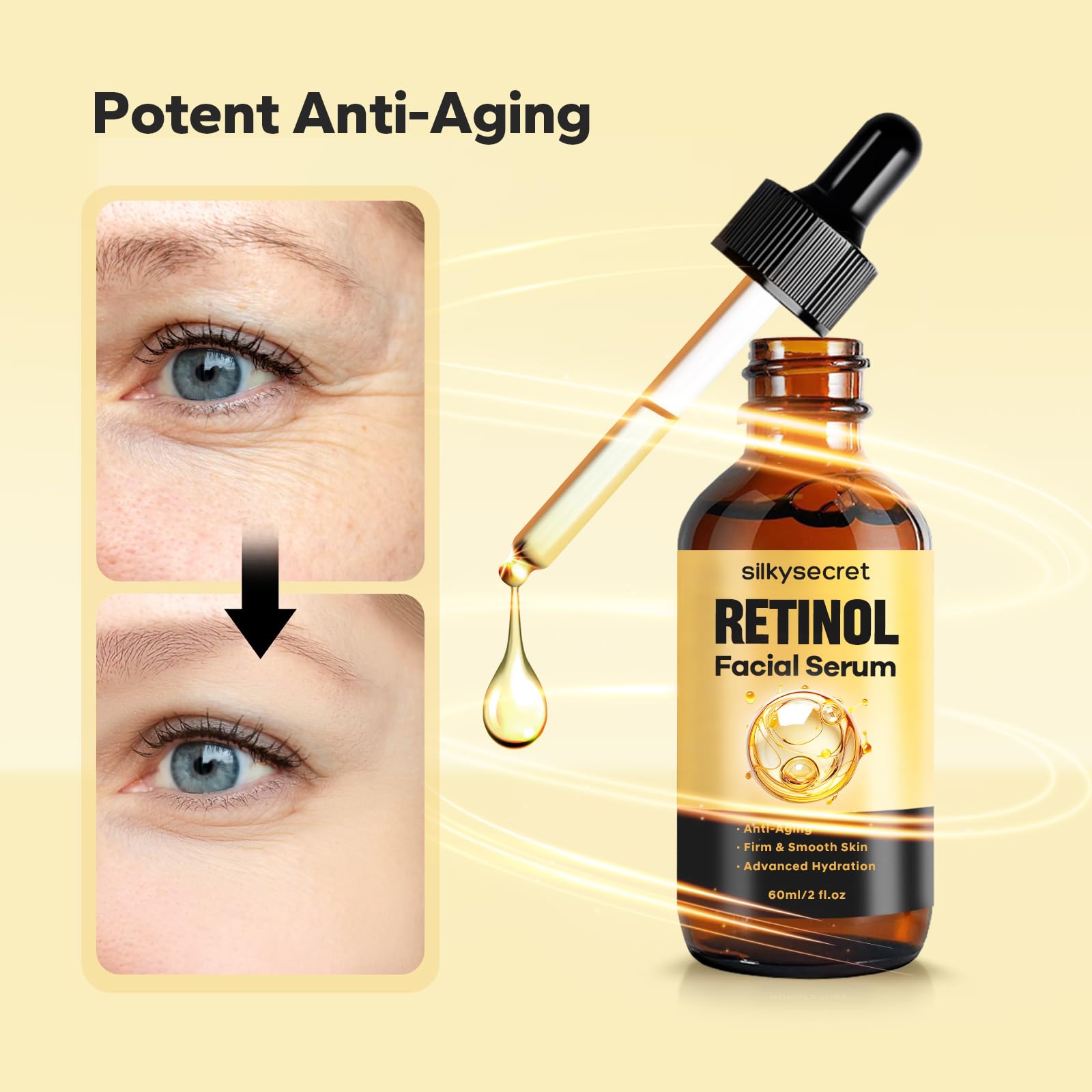 SilkySecret Retinol Serum for Face (2 Fl OZ), 2% Retinol + Vitamins C&E, Aging Facial Serum for Men & Women, Smooths Fine Lines, Resurfacing Potent Anti-Aging, Skincare Essential