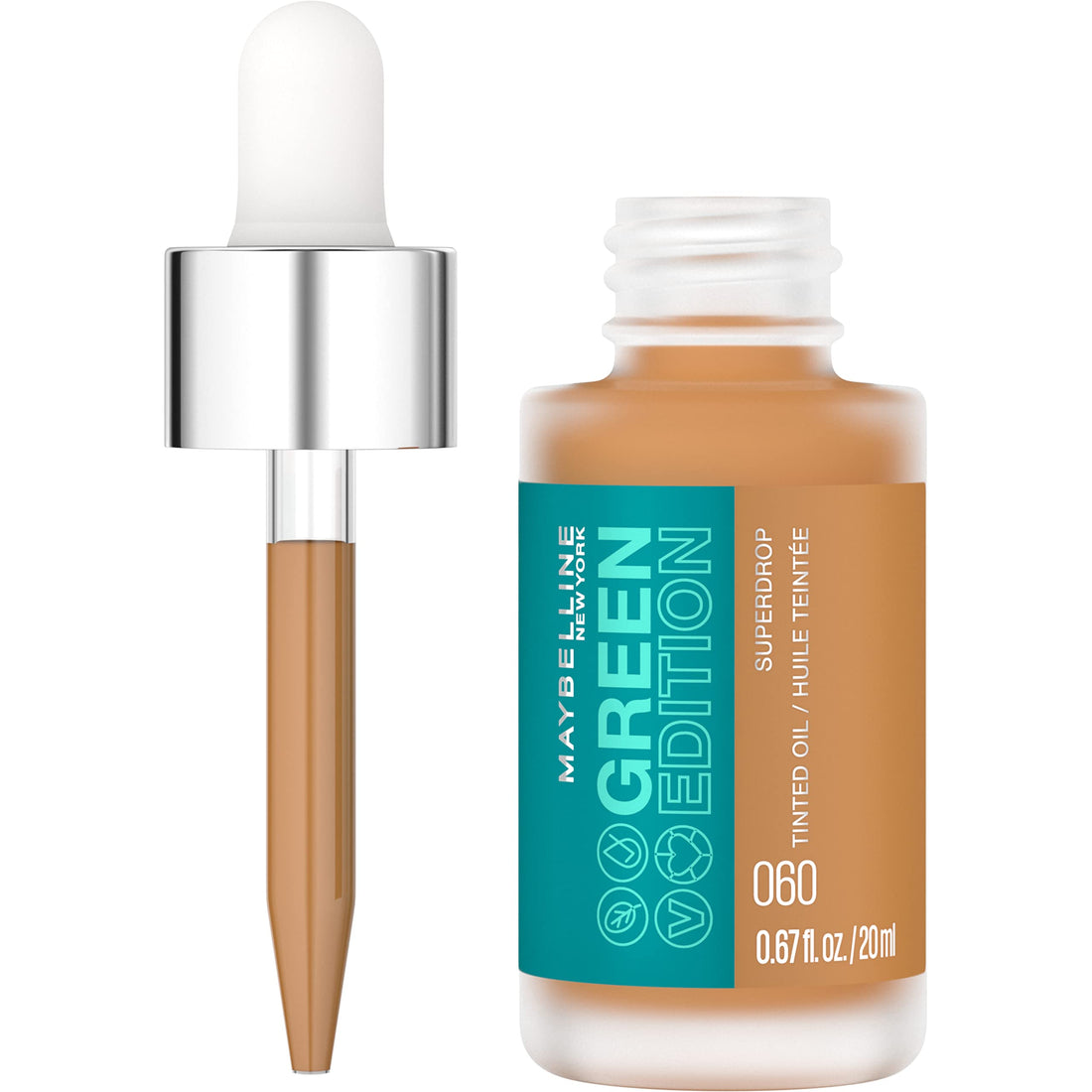 Maybelline Green Edition Superdrop Tinted Oil Base Makeup, Adjustable Natural Coverage Foundation Formulated With Jojoba & Marula Oil, 60, 1 Count