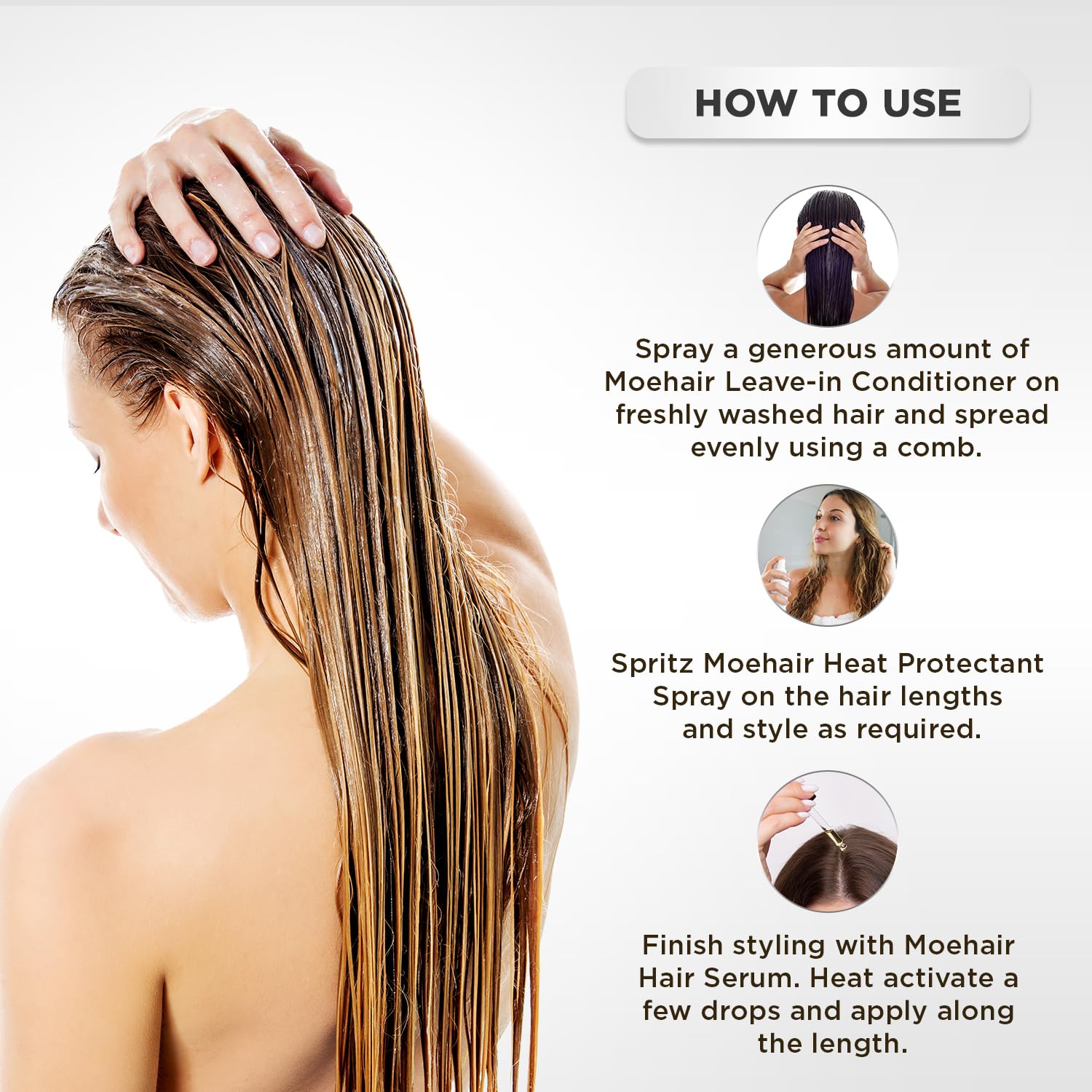 MOEHAIR Travel Trio Pack: Leave-in Conditioner & Thermal Shield Spray 3.4 Fl Oz each, and Hair Serum (0.5 Fl Oz) | Deep Conditioning and Heat Protectant Set