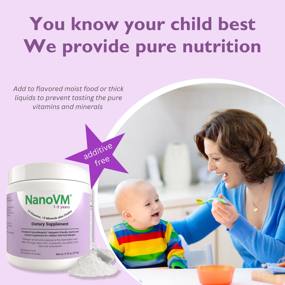 NanoVM 1-3 Years, Allergen-Free Multivitamin for Kids, Unflavored Dietary Supplement, Powdered Supplement with 14 Vitamins & 13 Minerals, Low-Carbohydrate Toddler Vitamins, 275g - Solace Nutrition