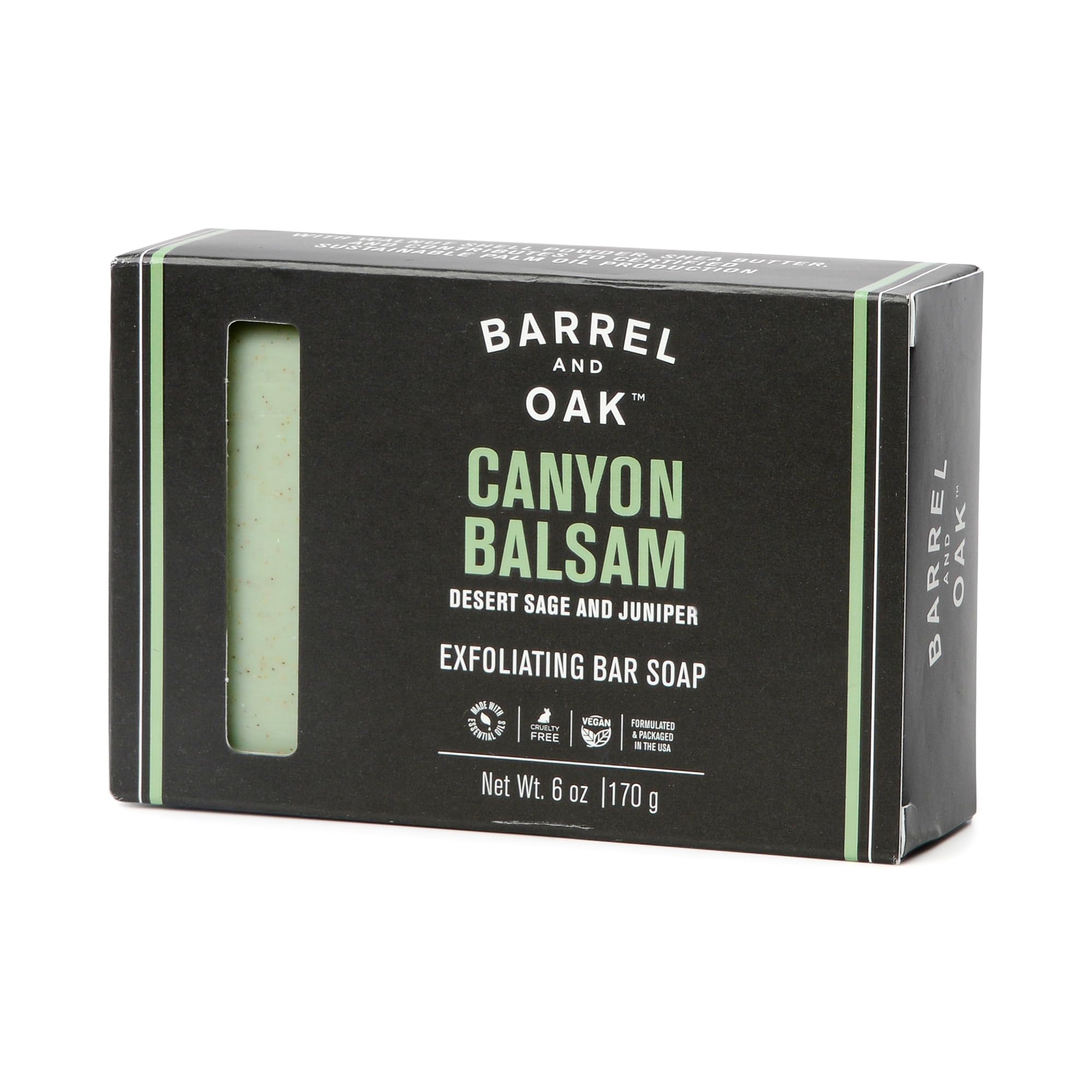 Barrel & Oak - Exfoliating Bar Soap, Men's Soap Bar, Deep Cleans Pores & Removes Dead Skin, Certified Sustainable Palm Oil, Charcoal Powder, & Olive Stone, Vegan (Canyon Balsam, 6 oz)