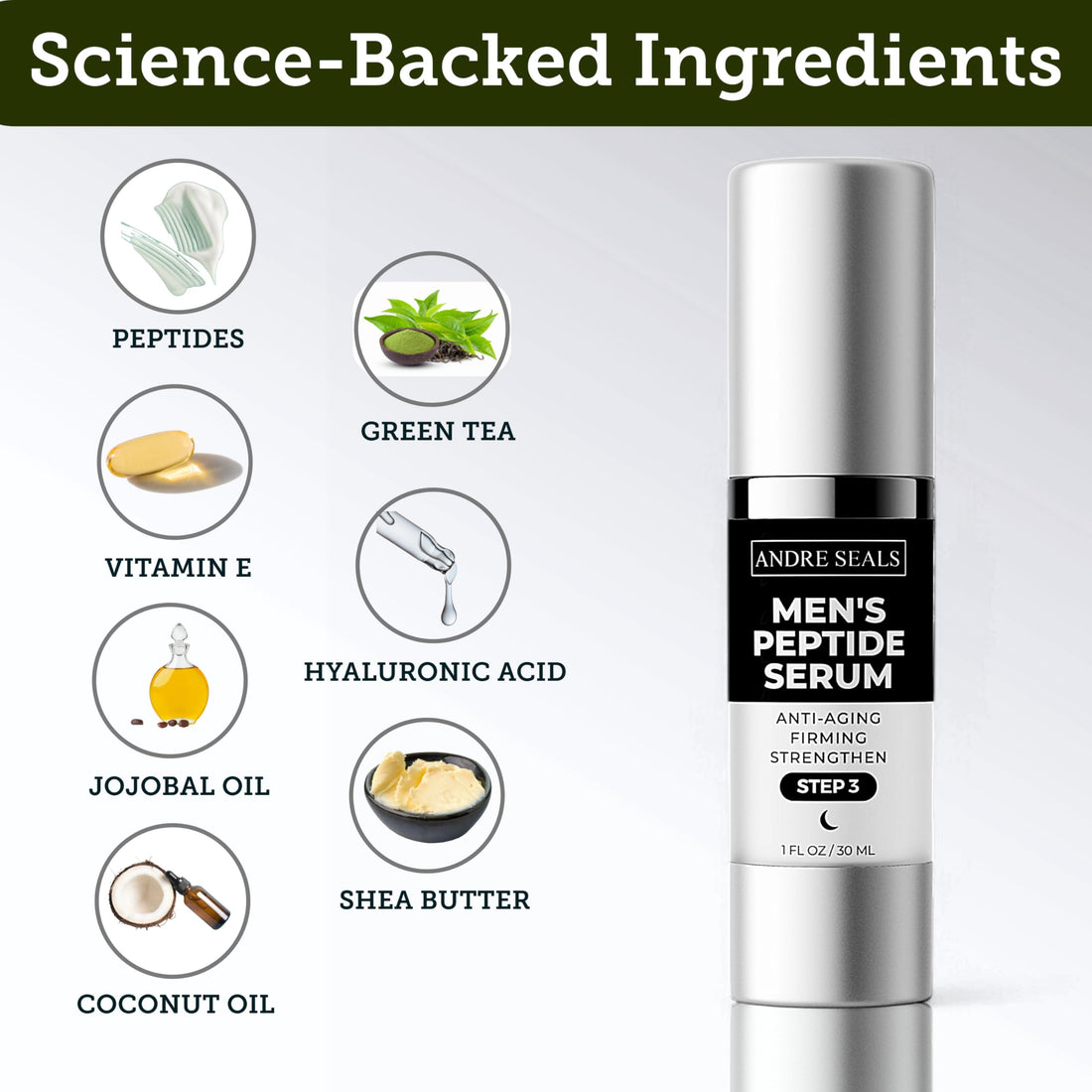 Andre Seals Face Serum for Men - Anti-Aging, Wrinkle Reduction & Collagen Boost with Multi-Peptide, Hyaluronic Acid, Green Tea & Vitamin E | Mens Skincare | 1oz | Night Time Face Serum