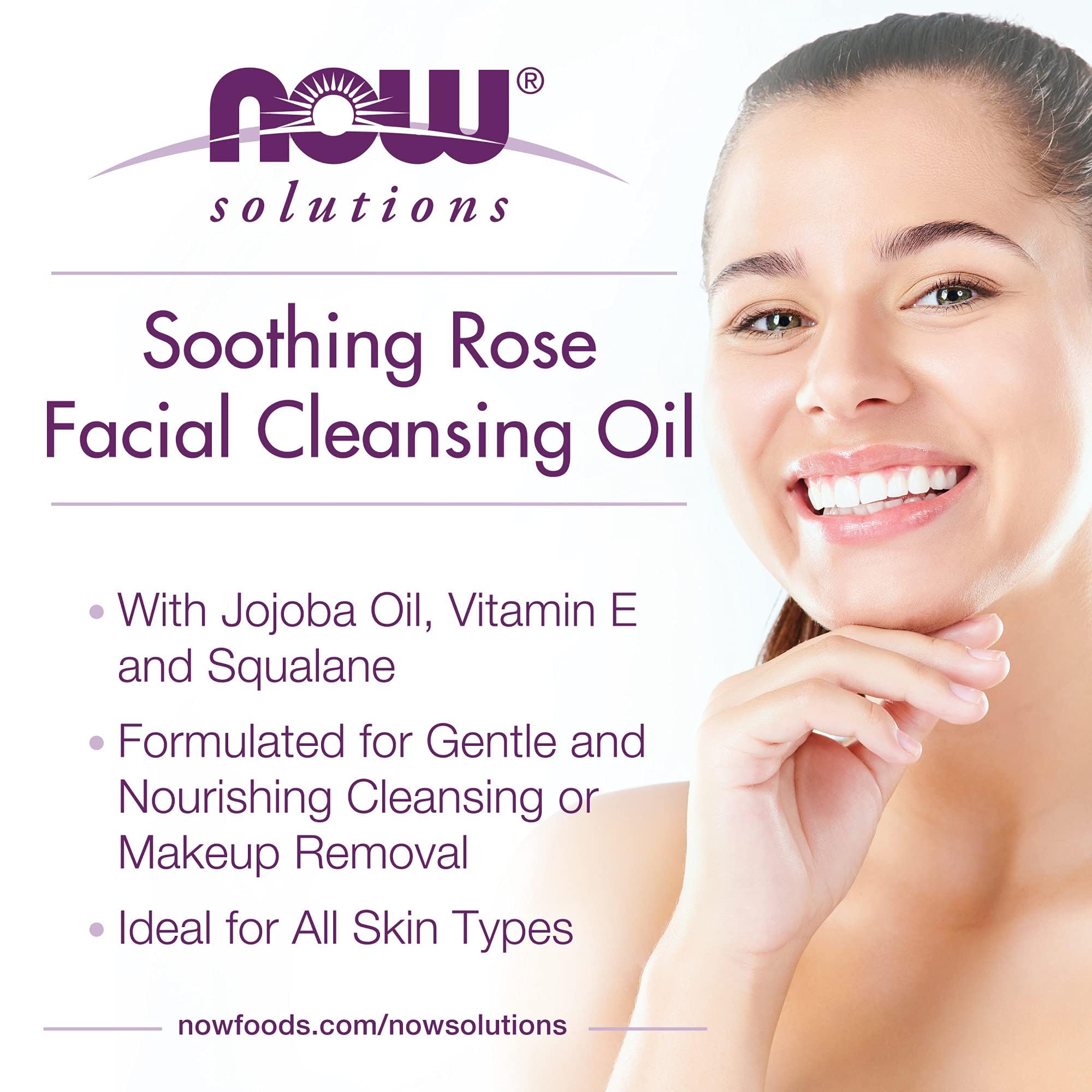 NOW Foods Solutions, Soothing Rose Facial Cleansing Oil With Jojoba Oil, Vitamin E and Rose Absolute, 4 Fluid Ounce