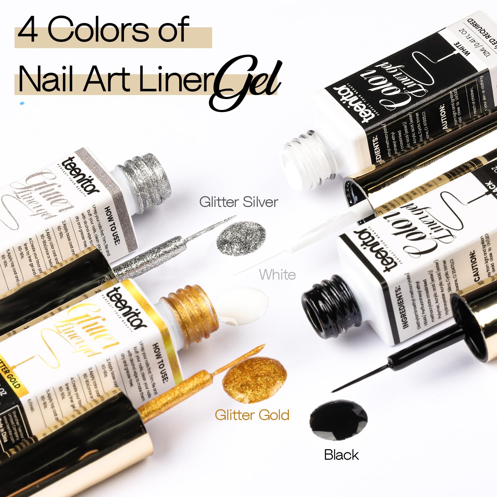 Teenitor Gel Nail Polish for Nail Art Swirl 12ml, 4 Colors of Liner Gel Polish Set, Black White Nail Polish for French Tip, Glitter Gold Silver Nail Art Polish with Thin Brush
